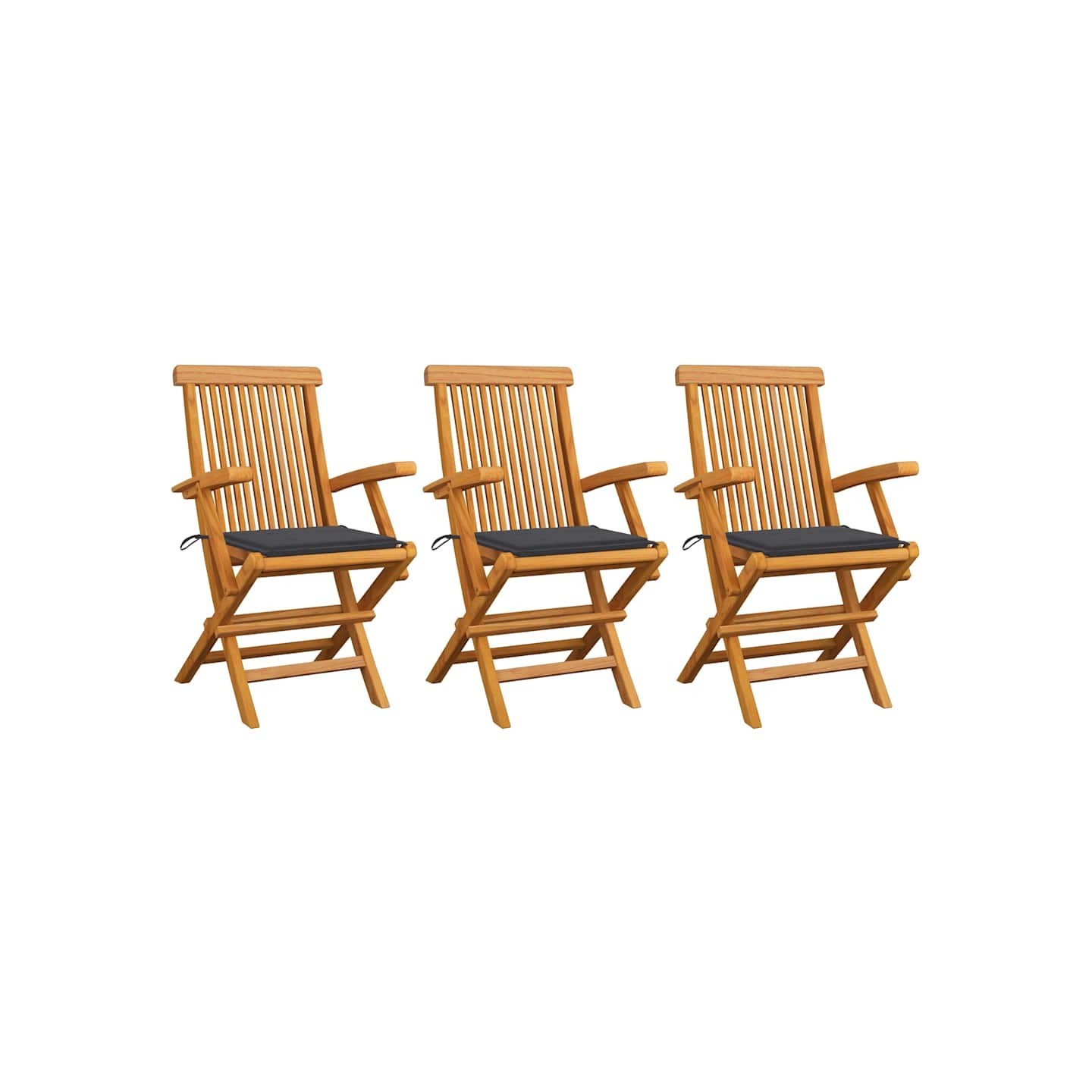 Chaises pliantes avec coussins anthracite, 3 pièces, en teck massif