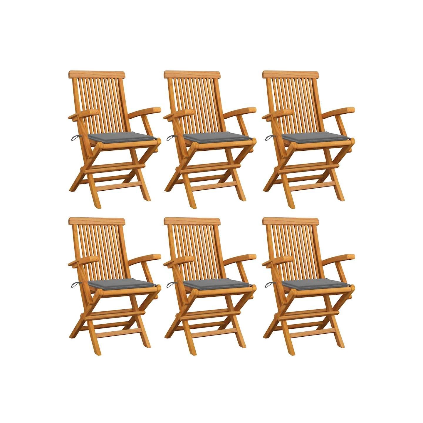 Chaises pliantes avec coussins gris, 6 pièces, en teck massif