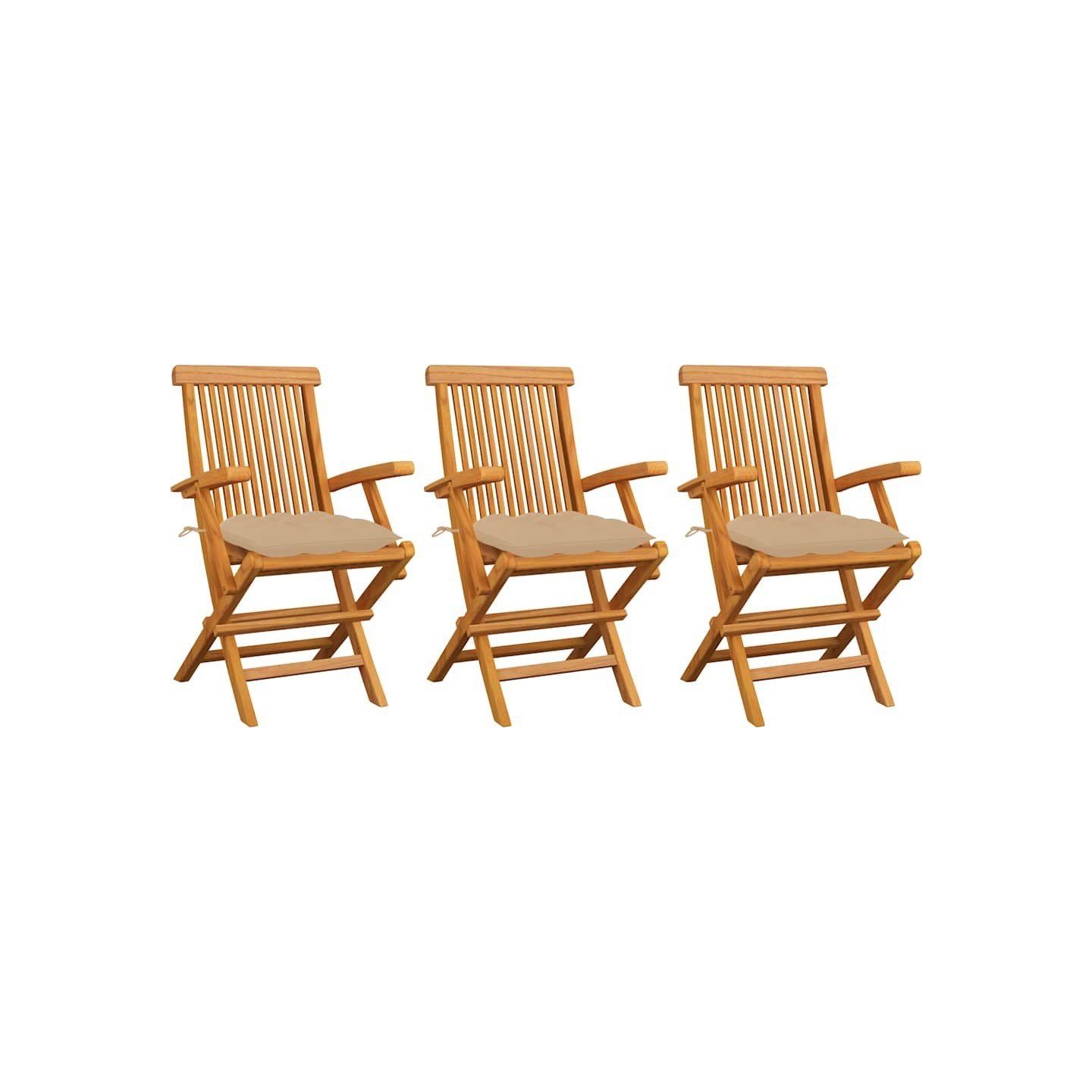 Chaises pliantes avec coussins beiges, 3 pièces, en teck massif