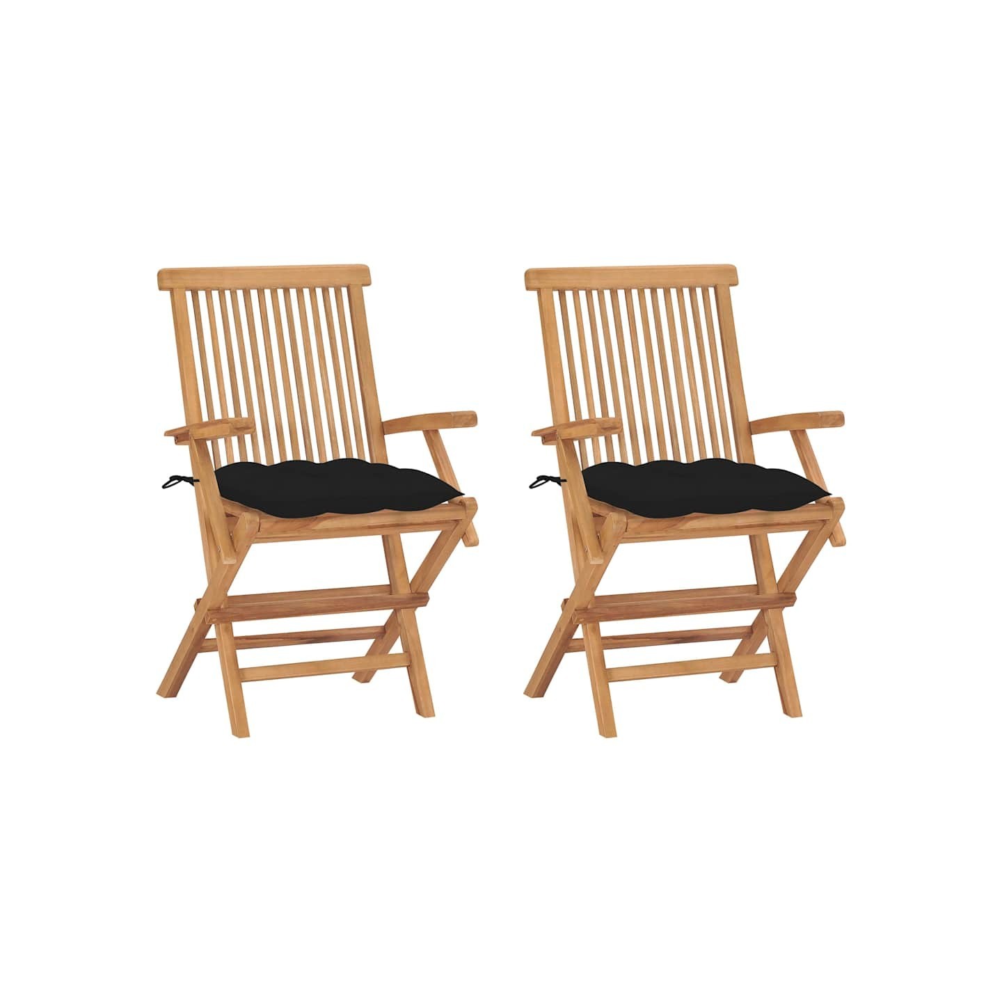 Chaises pliantes avec coussins noirs, 2 pièces, en teck massif