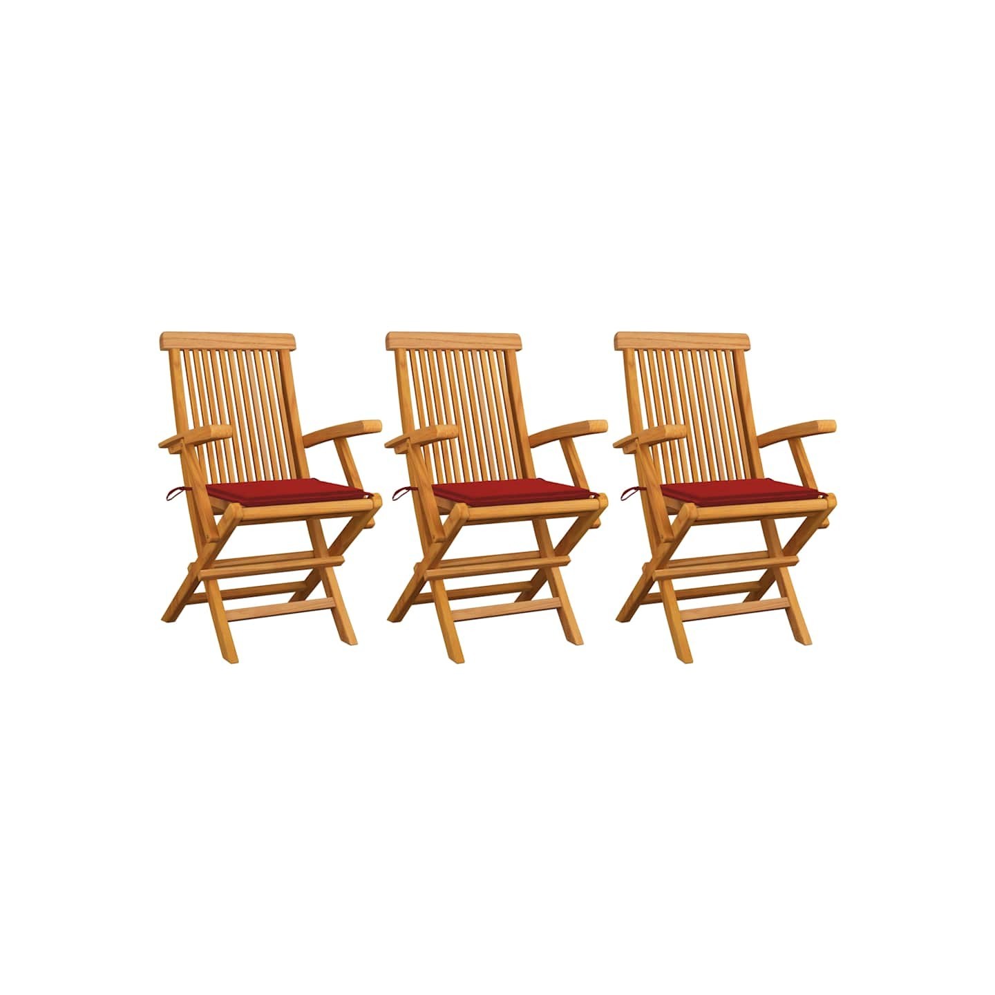 Chaises pliantes avec coussins rouges, 3 pièces, en teck massif