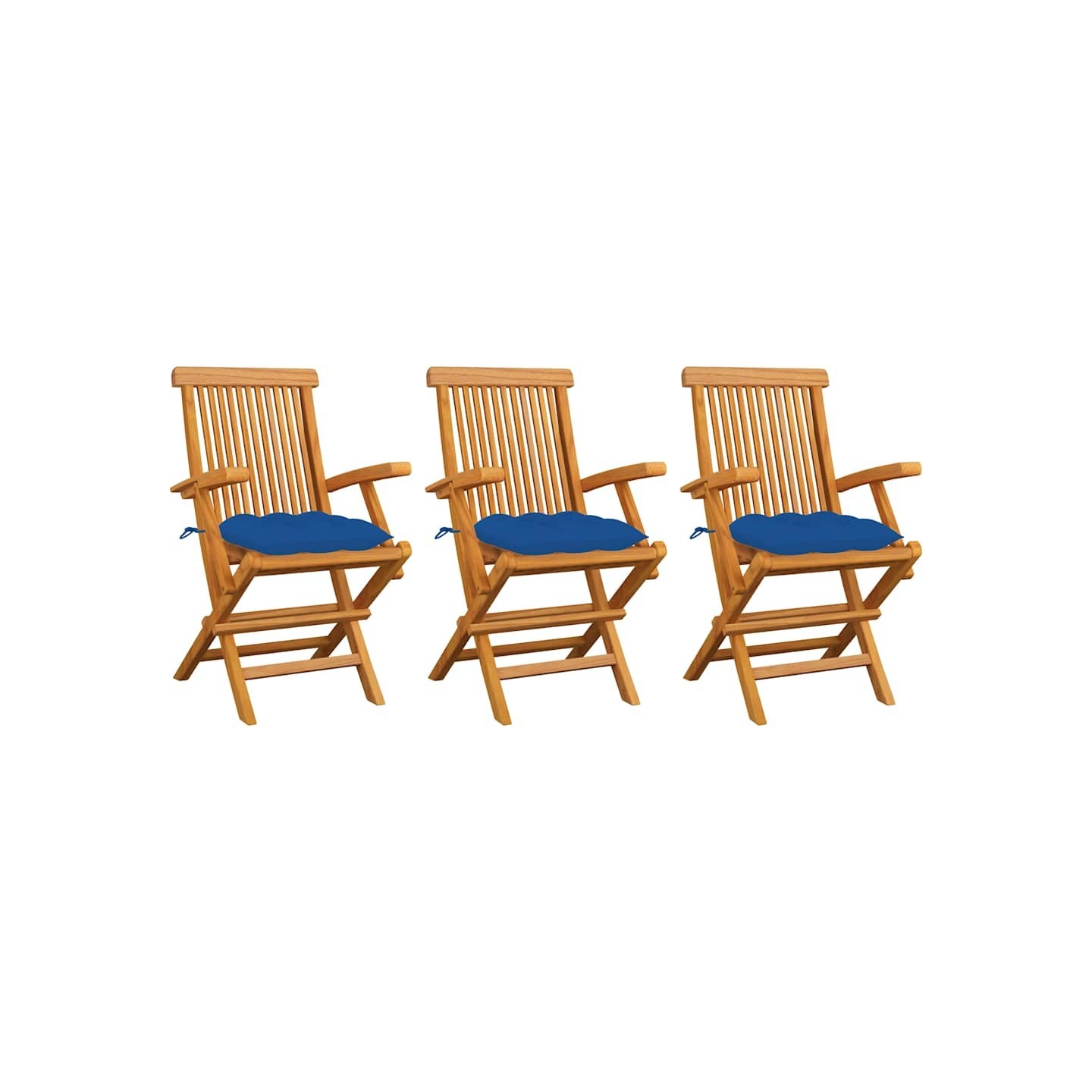 Chaises pliantes avec coussins bleus, 3 pièces, en teck massif