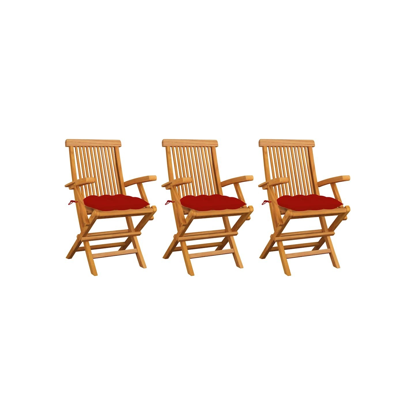 Chaises pliantes avec coussins rouges, 3 pièces, en teck massif