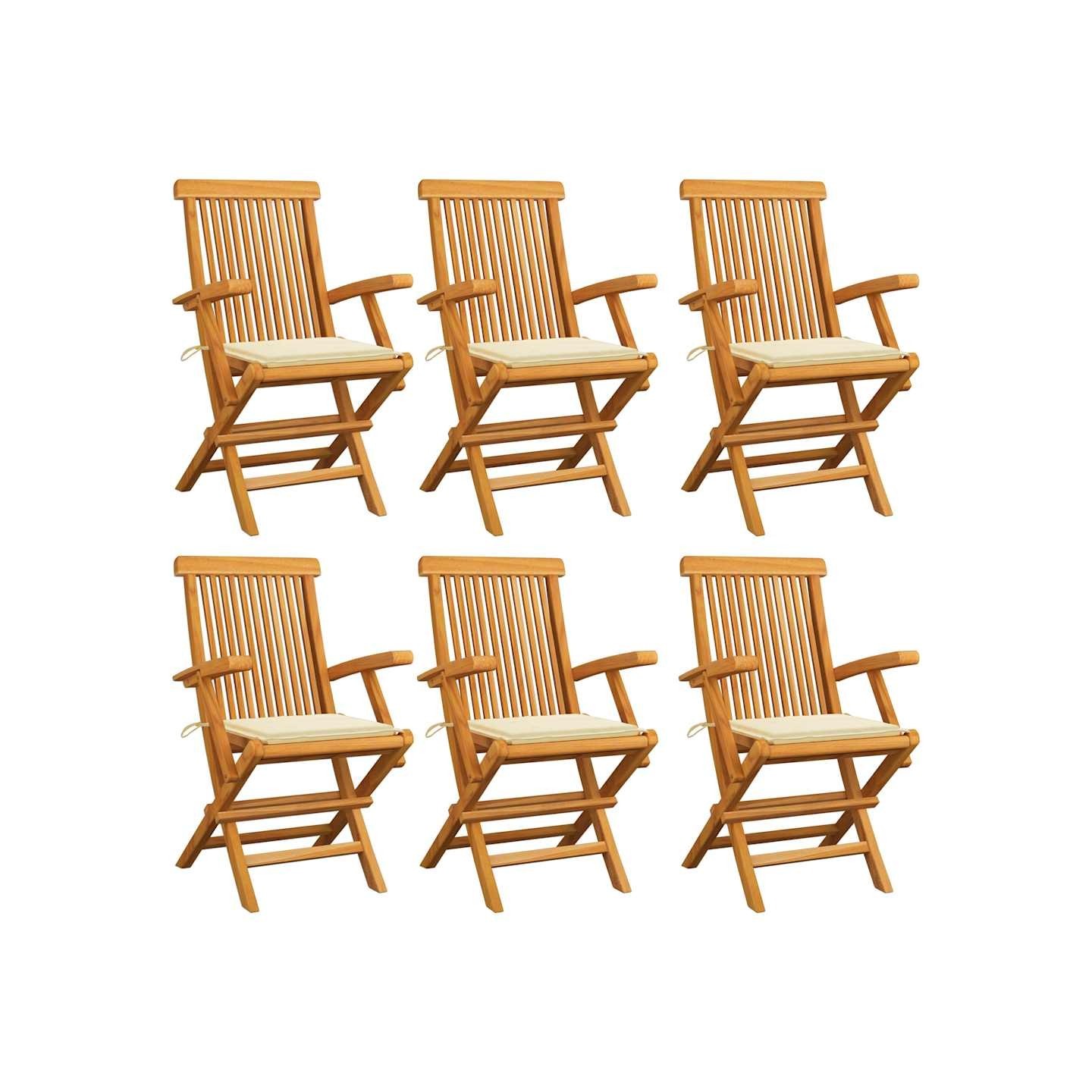 Chaises pliantes avec coussins crème, 6 pièces, en teck massif