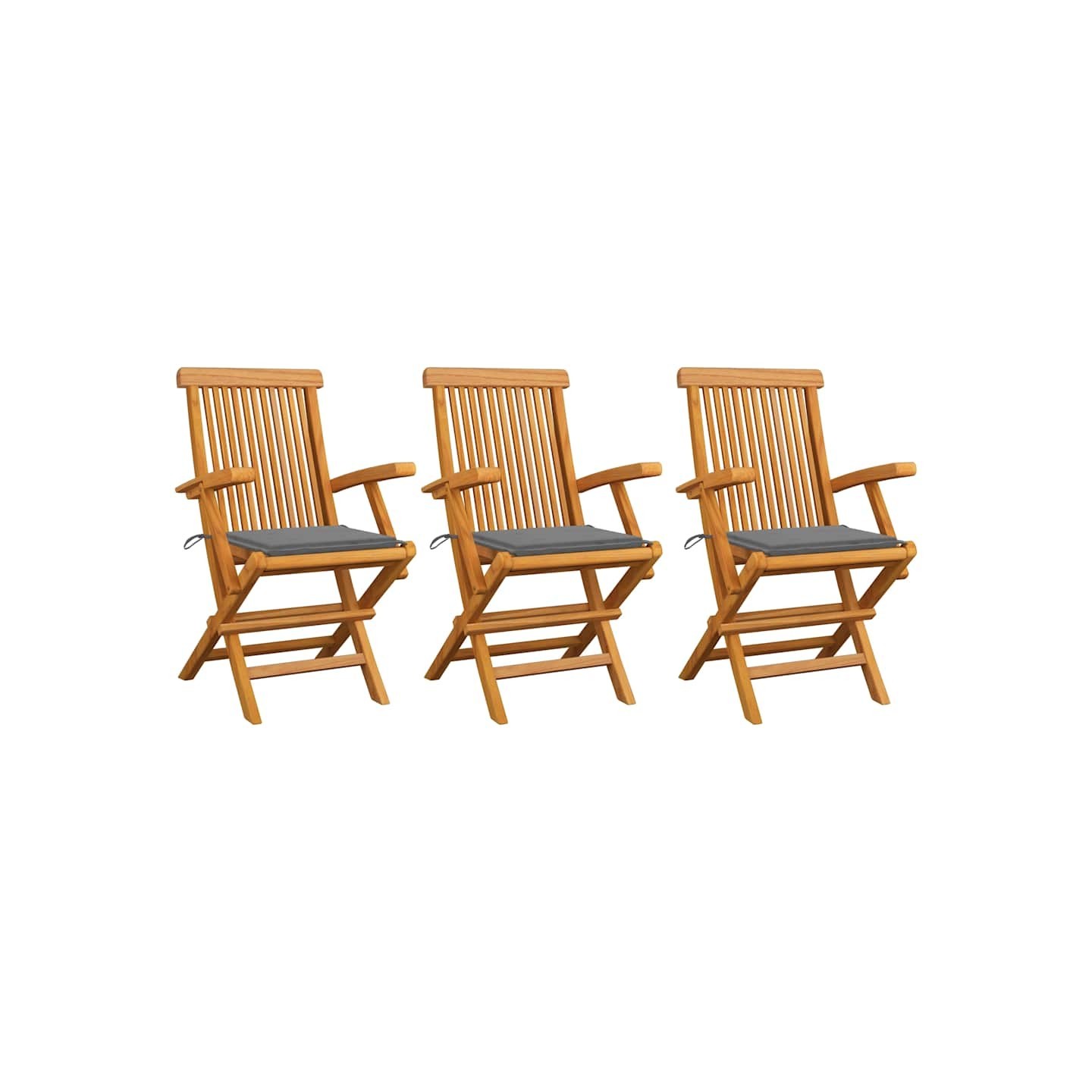Chaises pliantes avec coussins gris, 3 pièces, en teck massif
