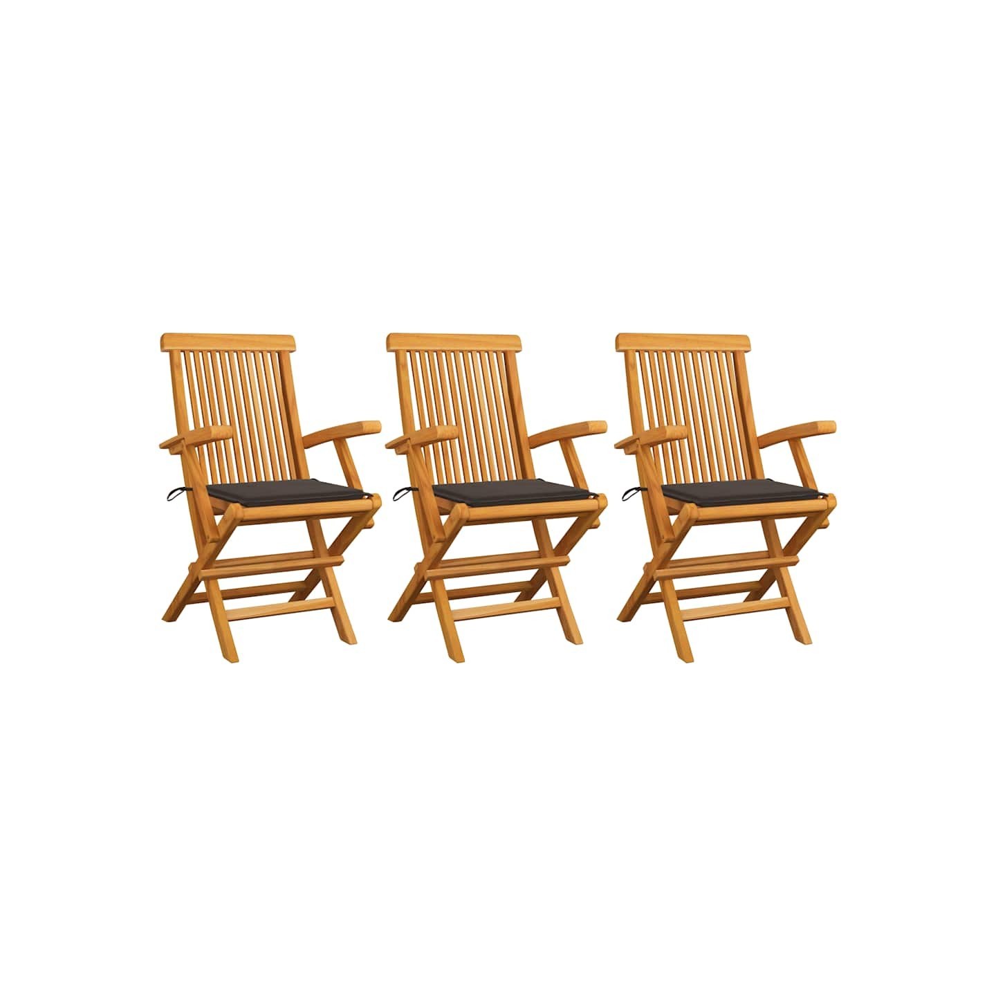 Chaises pliantes avec coussins taupe, 3 pièces, en bois de teck massif