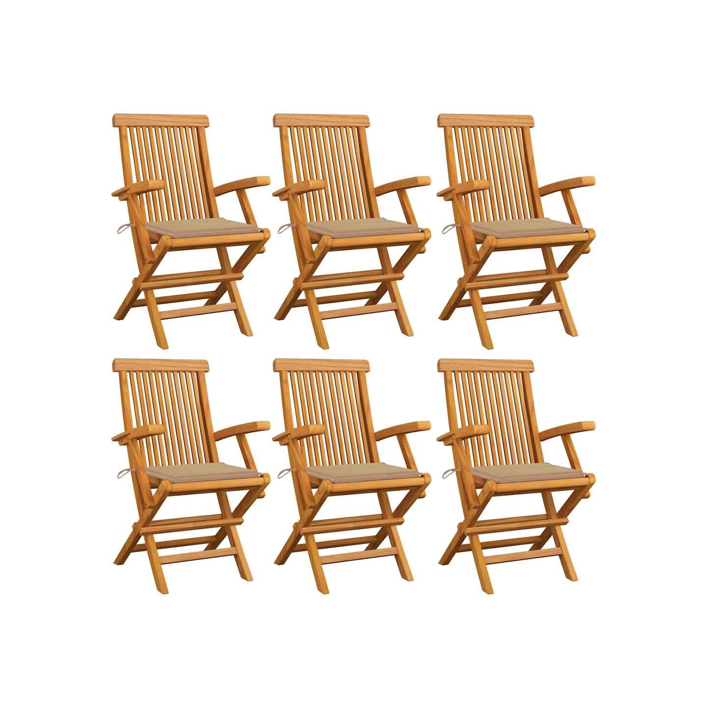 Chaises pliantes avec coussins beiges, 6 pièces, en teck massif
