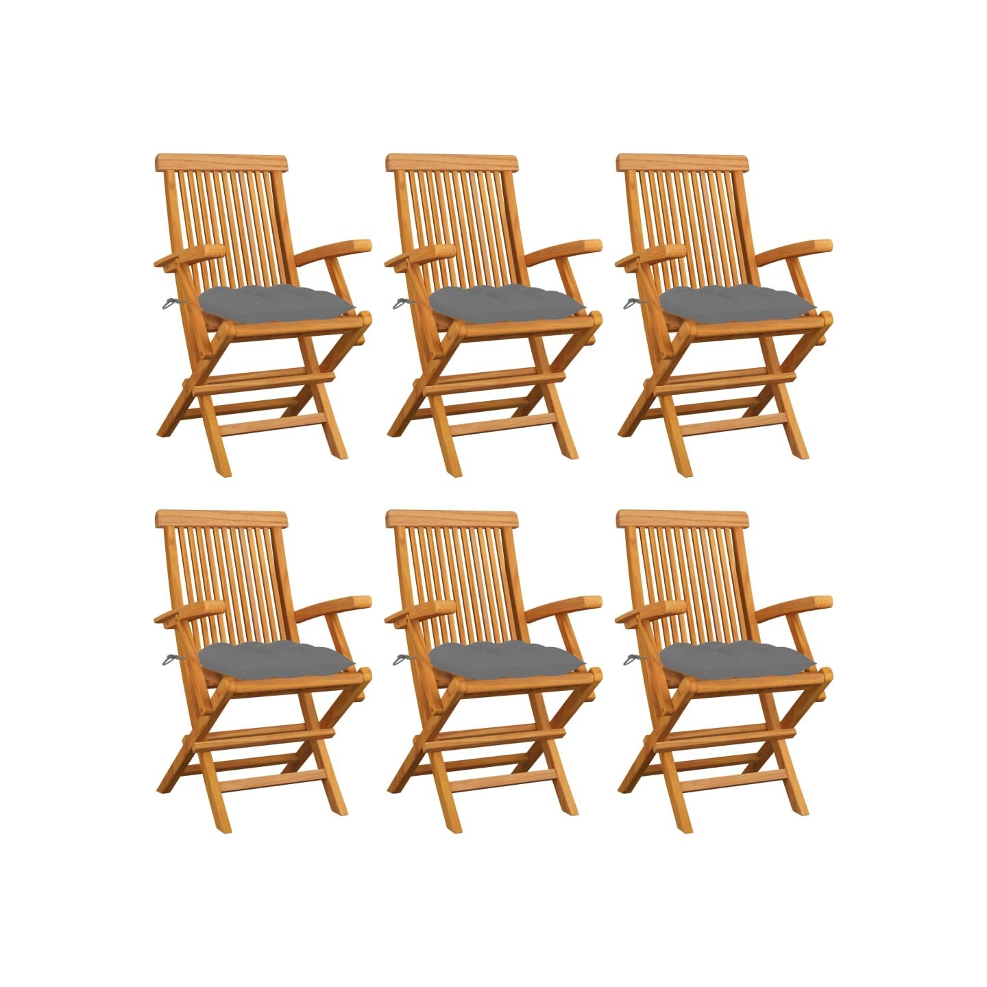 Chaises pliantes avec coussins gris, 6 pièces, en teck massif
