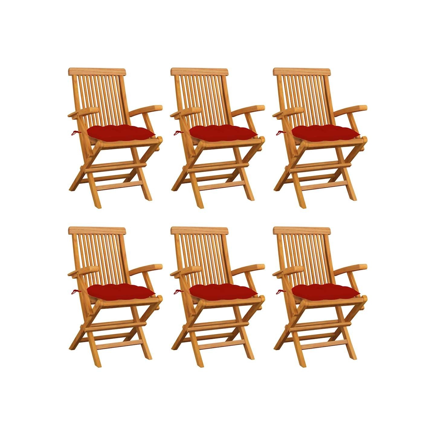 Chaises pliantes avec coussins rouges, 6 pièces, en teck massif