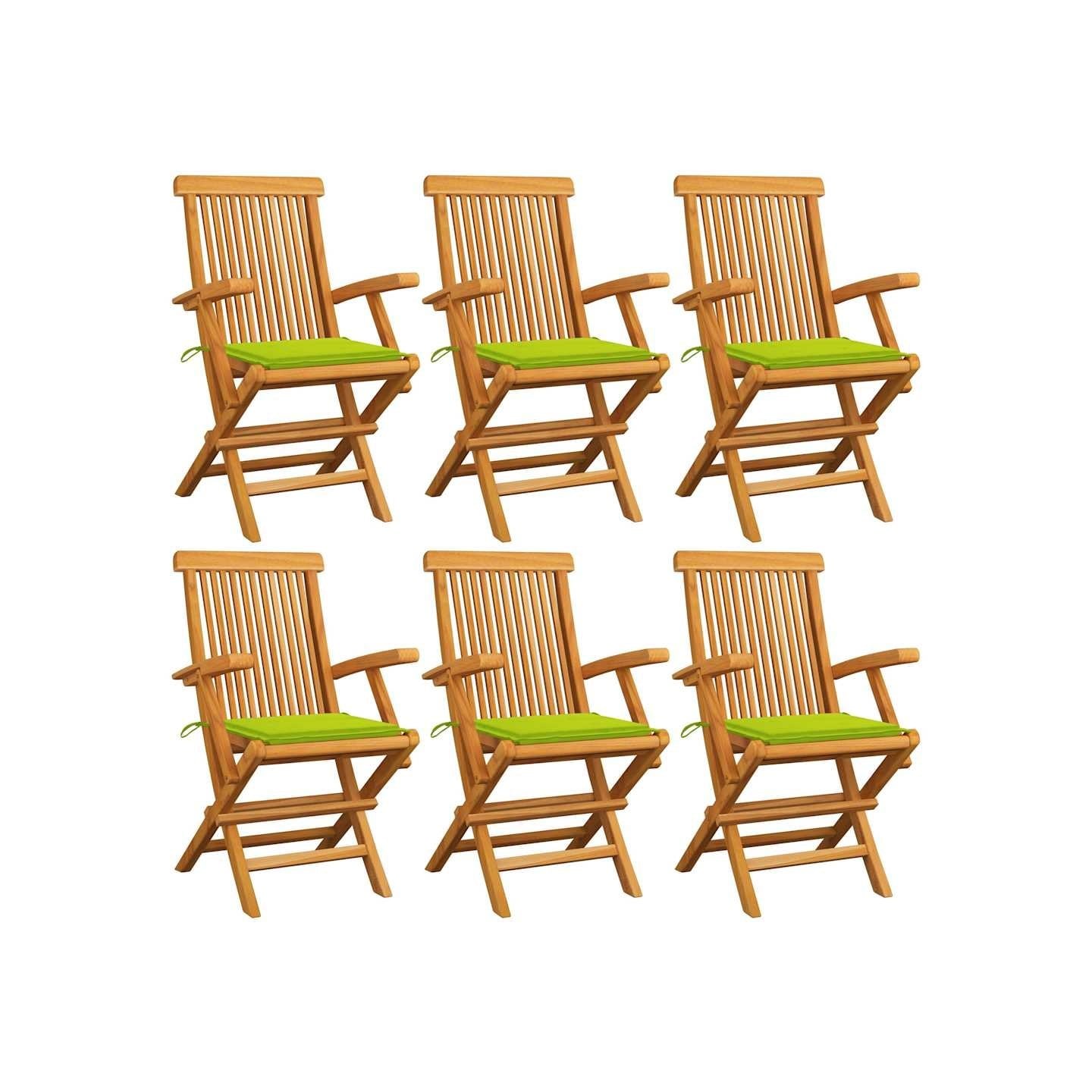 Chaises pliantes avec coussins vert vif, 6 pièces, en teck massif