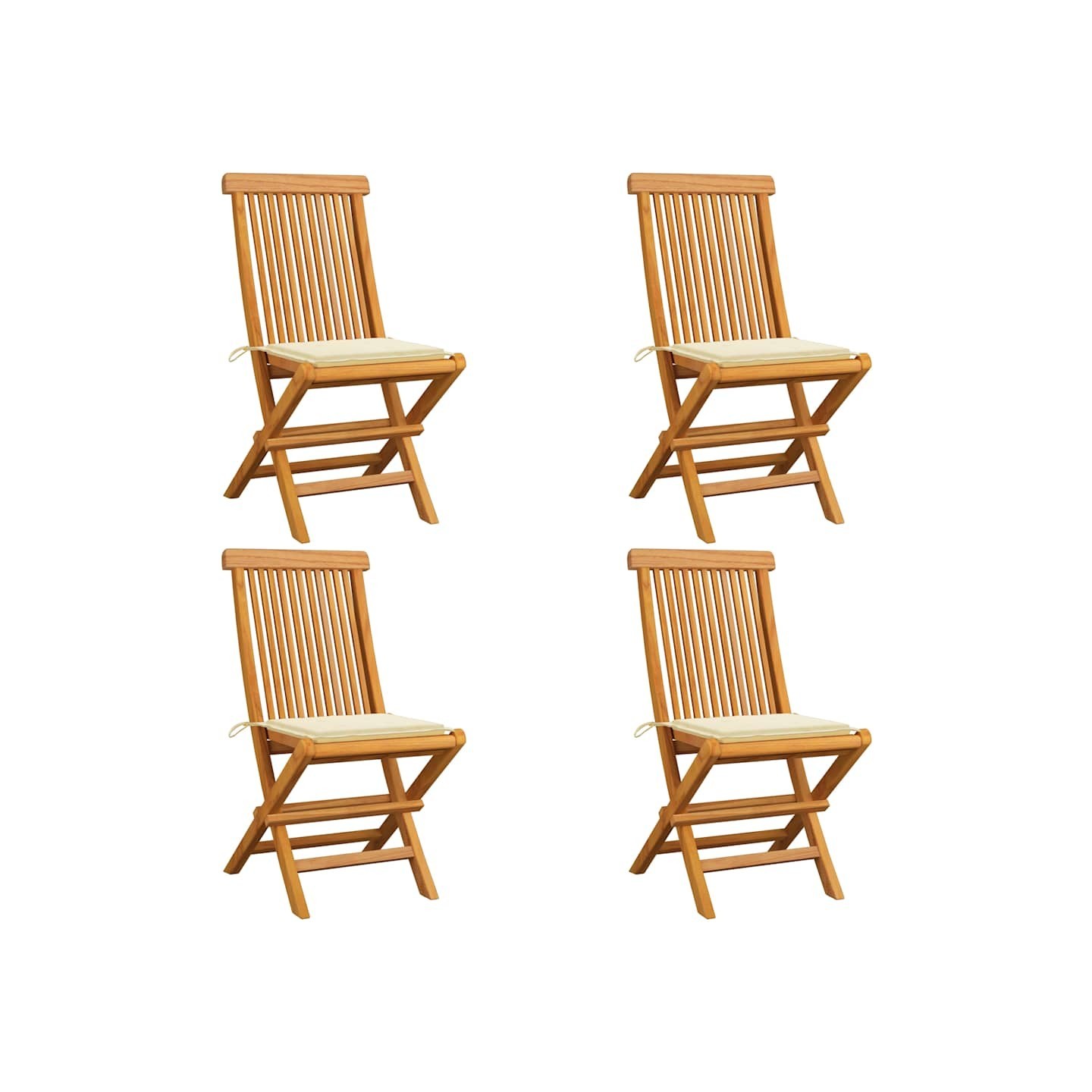 Chaises pliantes avec coussins crème, 4 pièces, en bois de teck massif