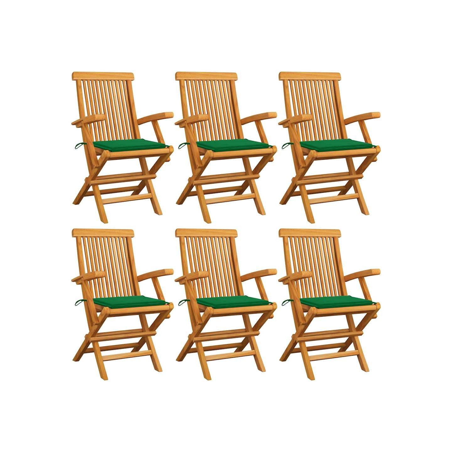 Chaises pliantes avec coussins verts, 6 pièces, en teck massif
