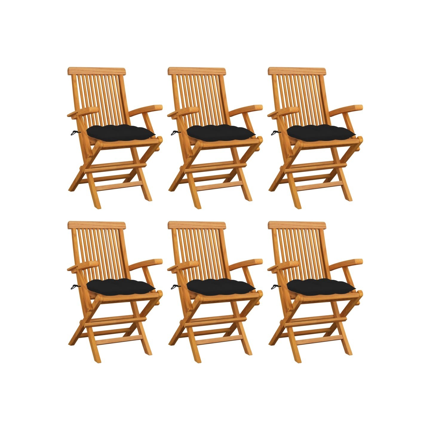 Chaises pliantes avec coussins noirs, 6 pièces, en teck massif