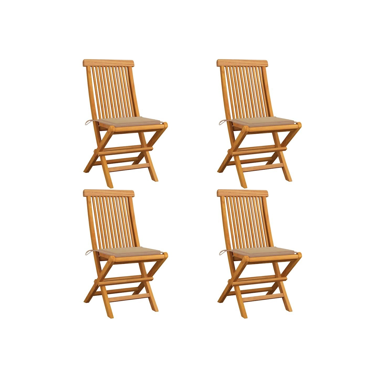 Chaises pliantes avec coussins beiges, 4 pièces, en teck massif