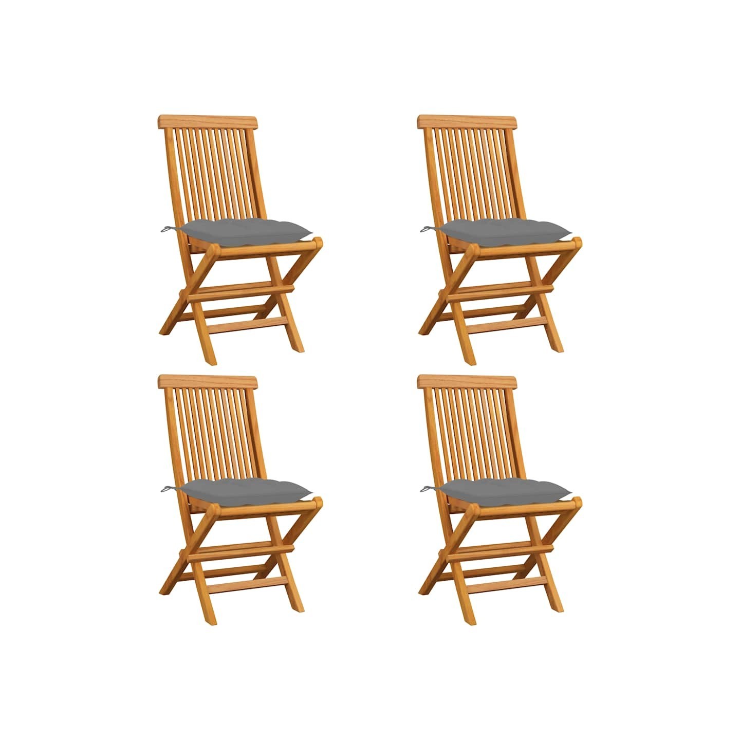 Chaises pliantes avec coussins gris, 4 pièces, en teck massif