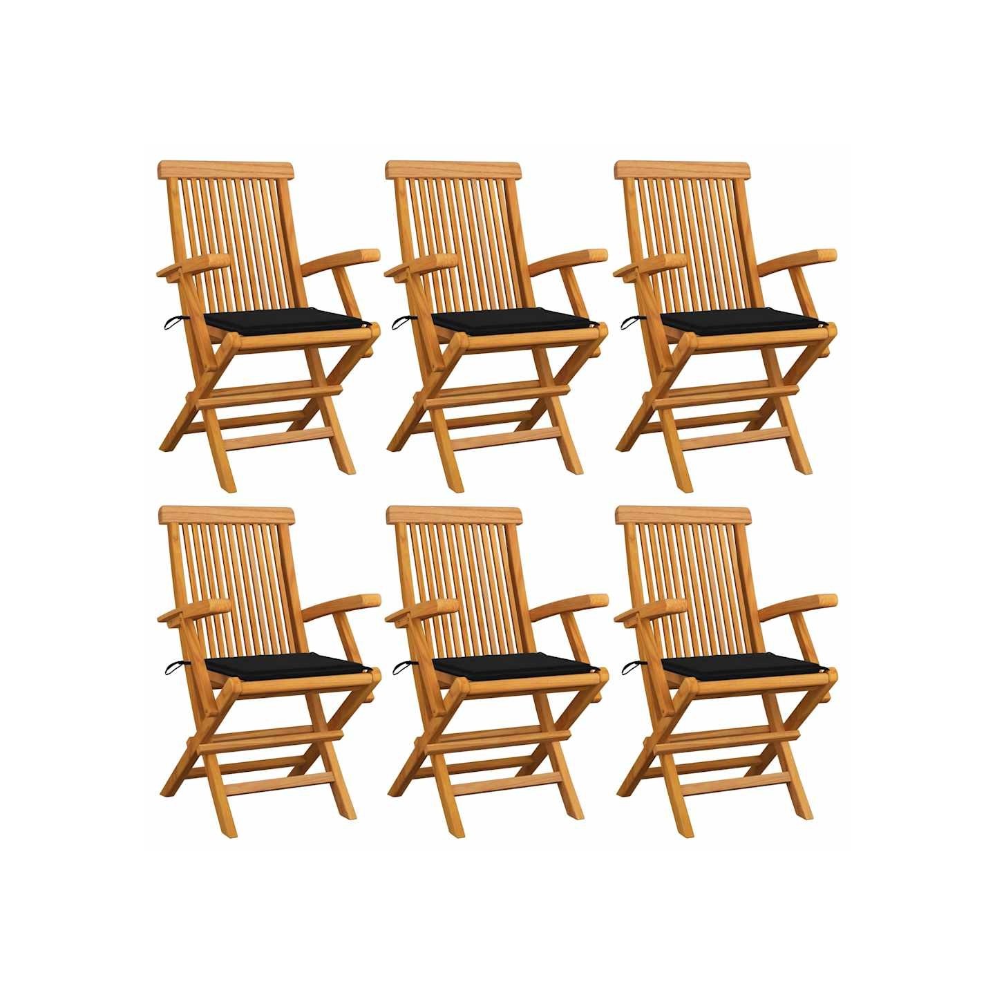 Chaises pliantes avec coussins noirs, 6 pièces, en teck massif
