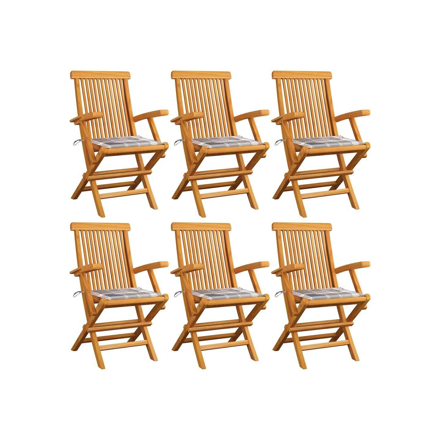 Chaises pliantes, coussins à carreaux gris, 6 pièces, bois de teck massif