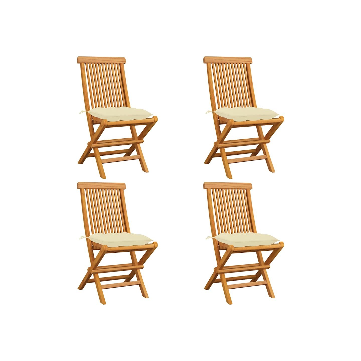 Chaises pliantes avec coussins blanc crème, 4 pièces, en bois de teck massif
