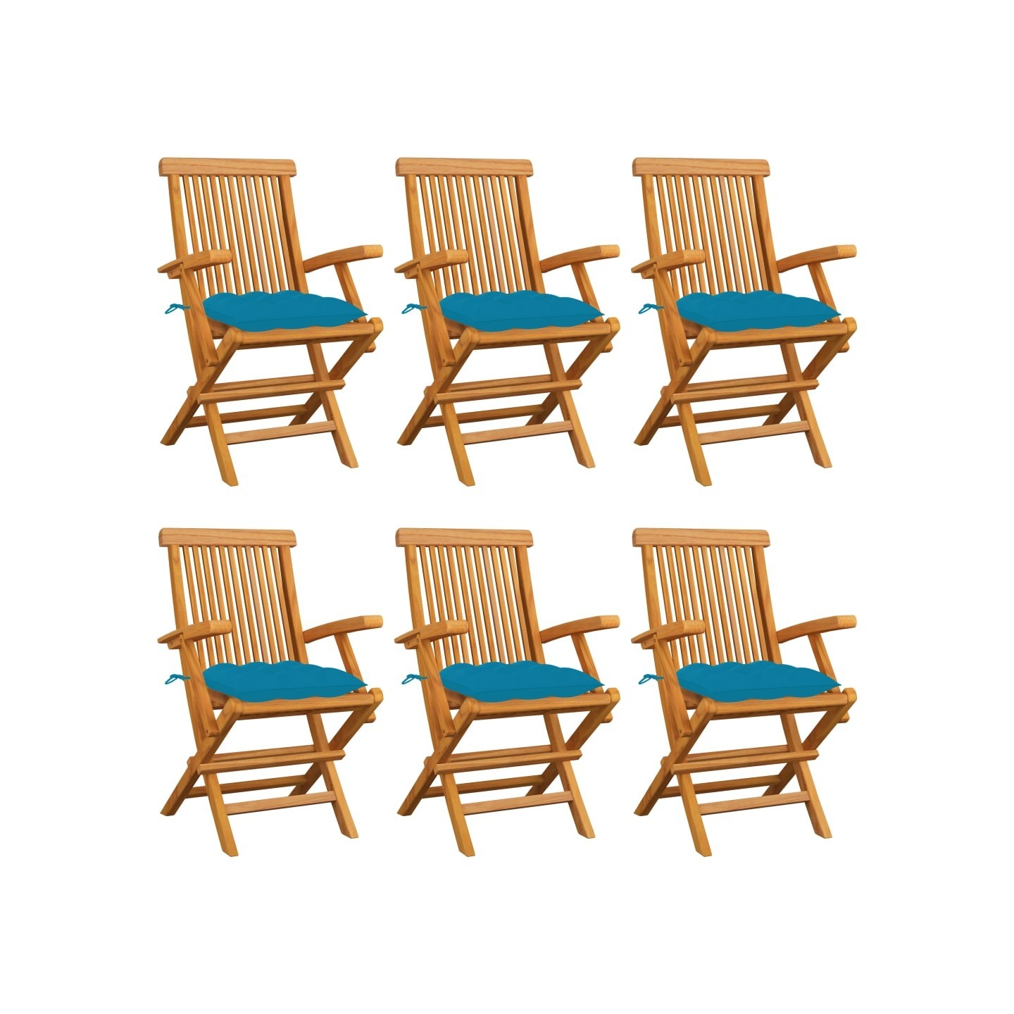 Chaises pliantes avec coussins bleu clair, 6 pièces, en teck massif