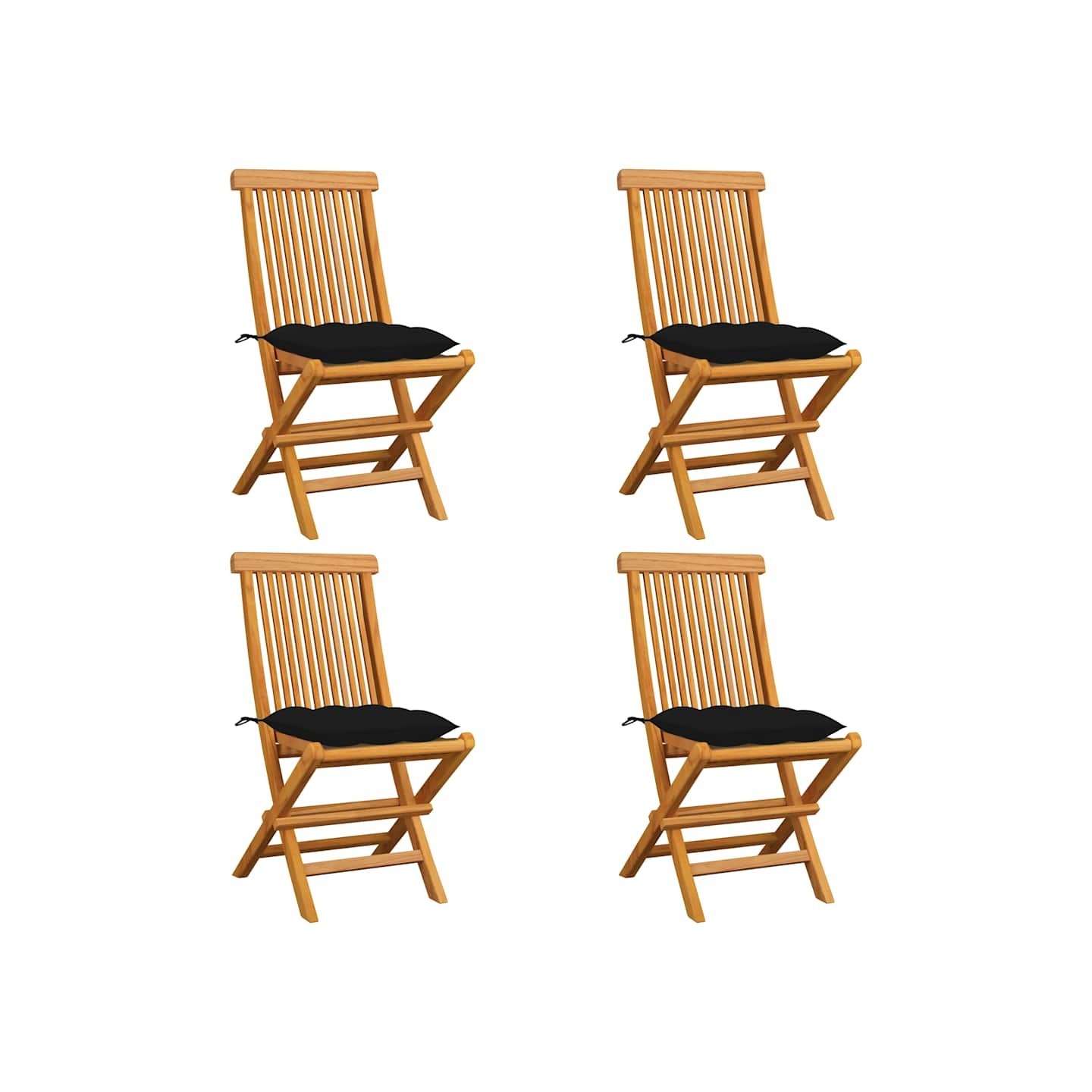 Chaises pliantes avec coussins noirs 4 pcs teck massif