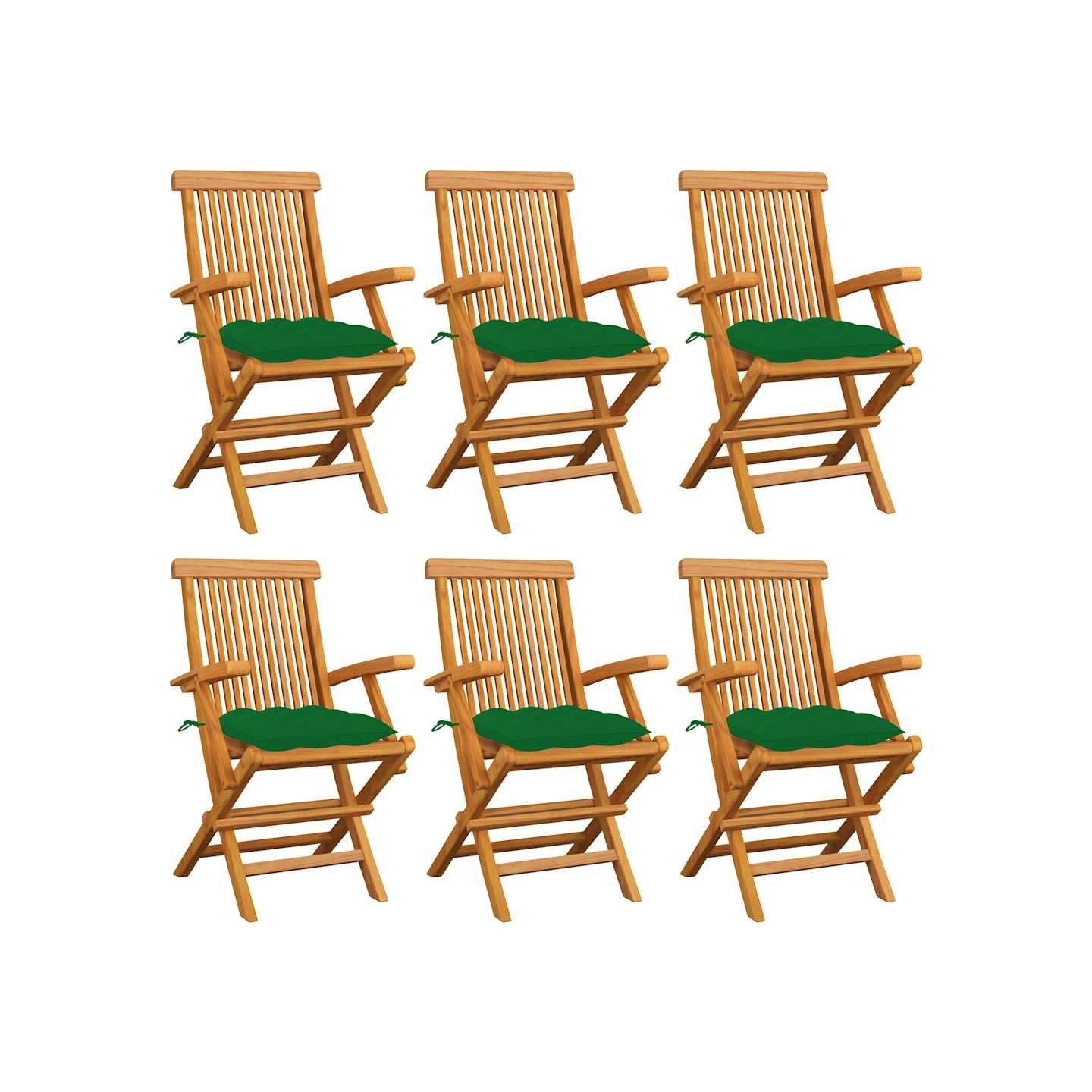 Chaises pliantes avec coussins verts, 6 pièces, en teck massif