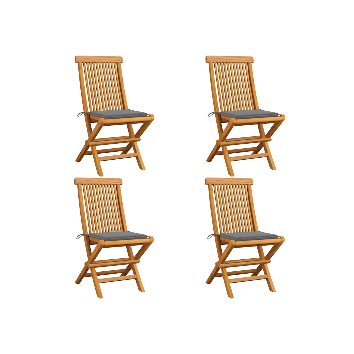 Chaises pliantes avec coussins gris, 4 pièces, en teck massif