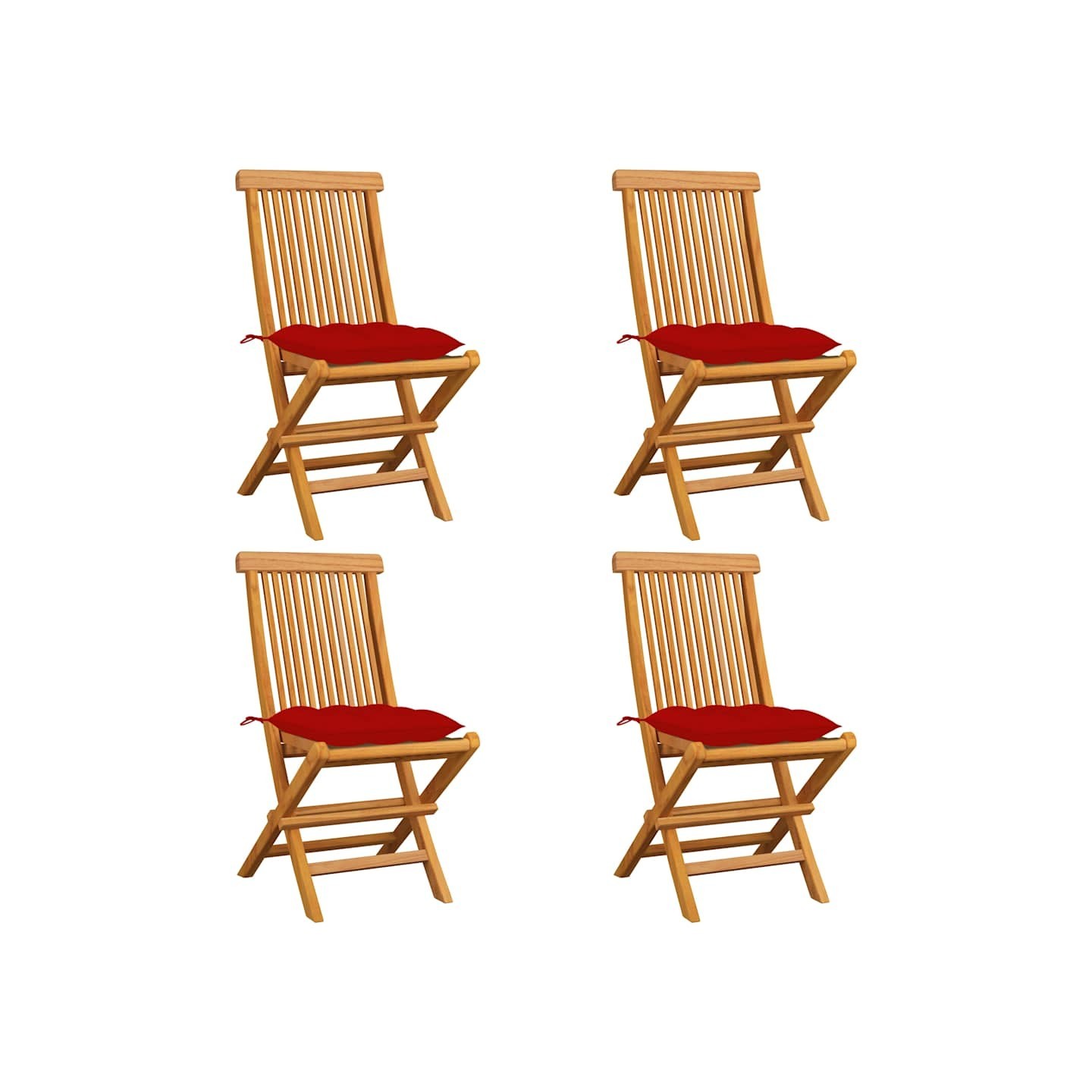Chaises pliantes avec coussins rouges 4 pcs teck massif