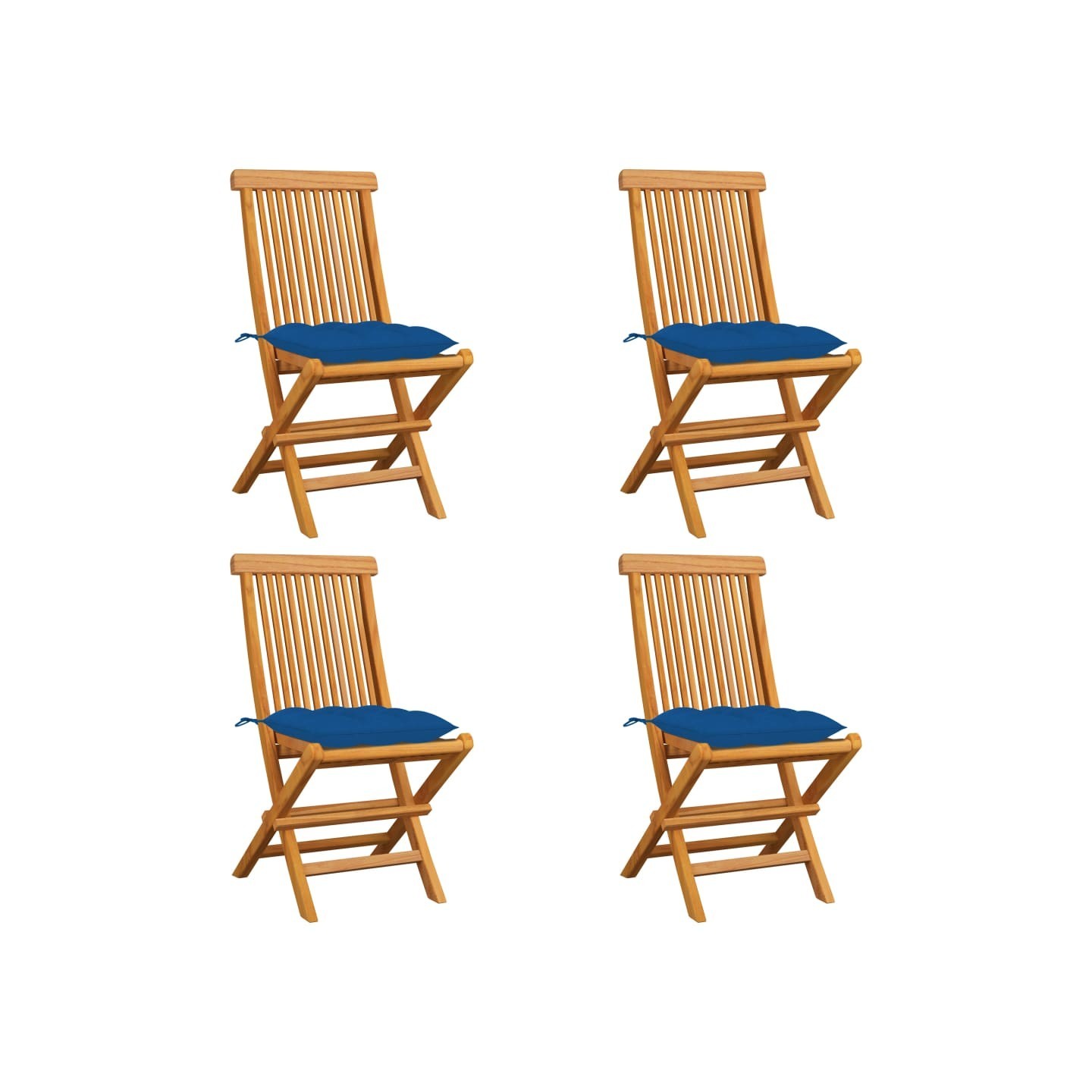 Chaises pliantes avec coussins bleus 4 pcs teck massif
