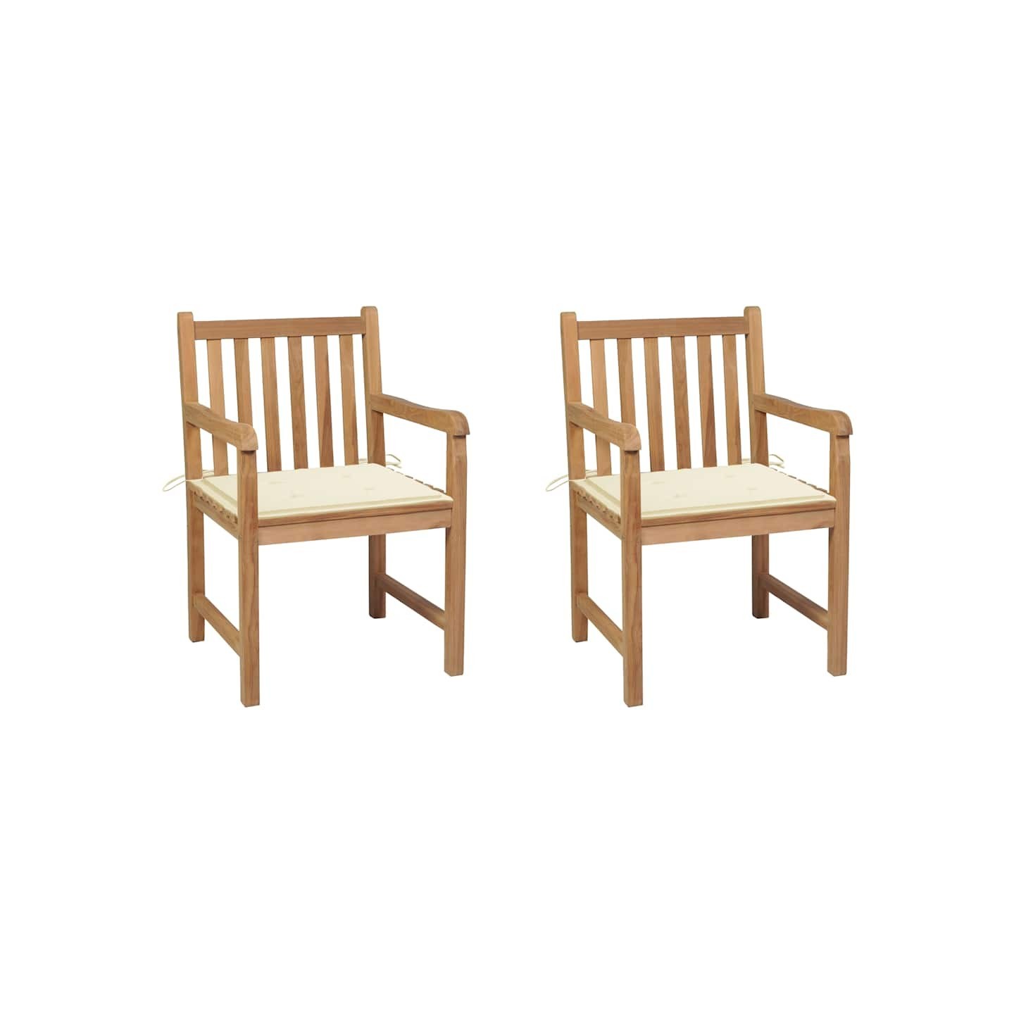 Chaises de jardin lot de 2 et coussins crème Bois teck massif