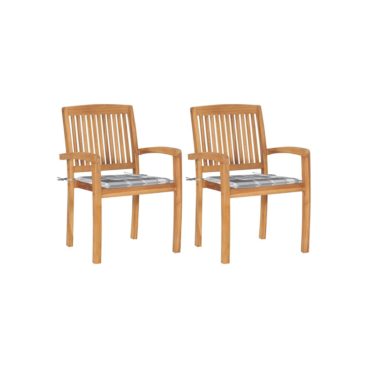 Chaises de jardin lot de 2 avec coussins à carreaux gris Teck