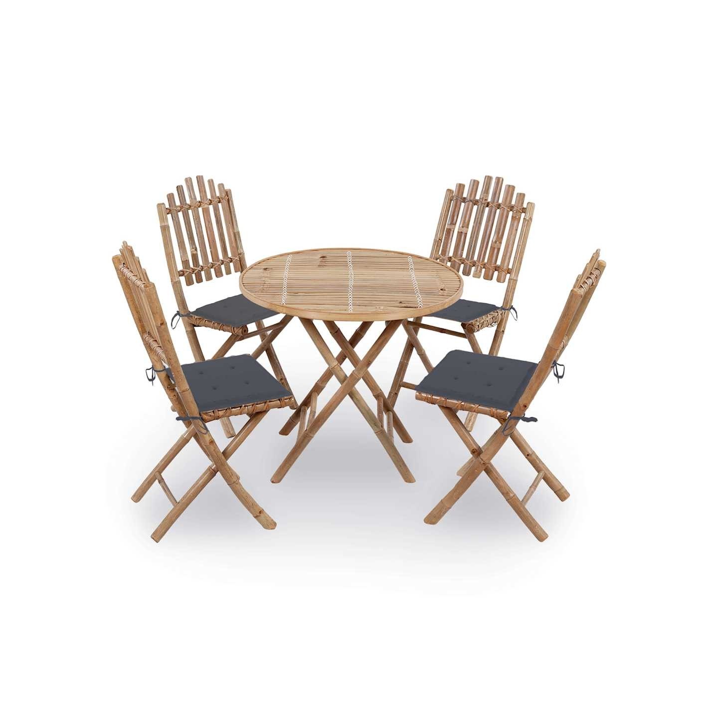 Mobilier à dîner d'extérieur pliable 5 pcs avec coussins bambou