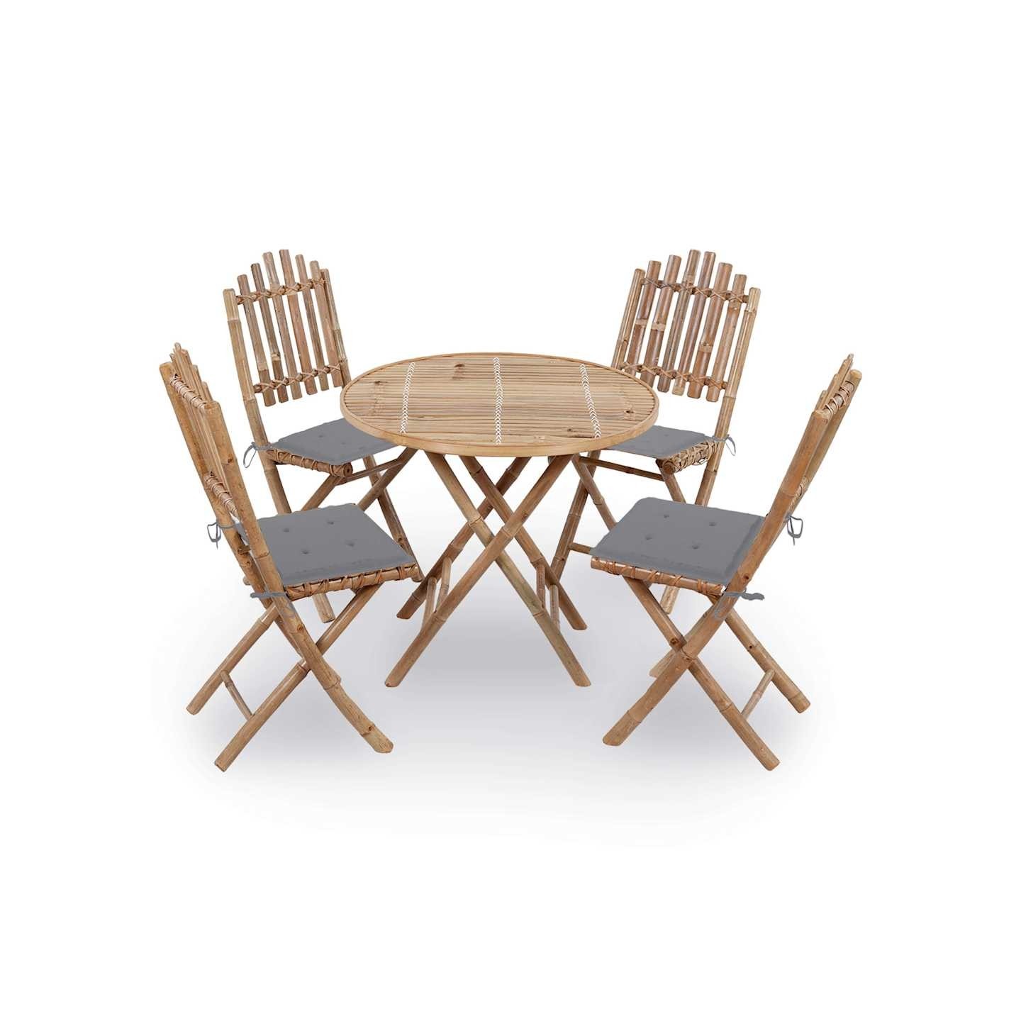 Mobilier à dîner d'extérieur pliable 5 pcs avec coussins bambou