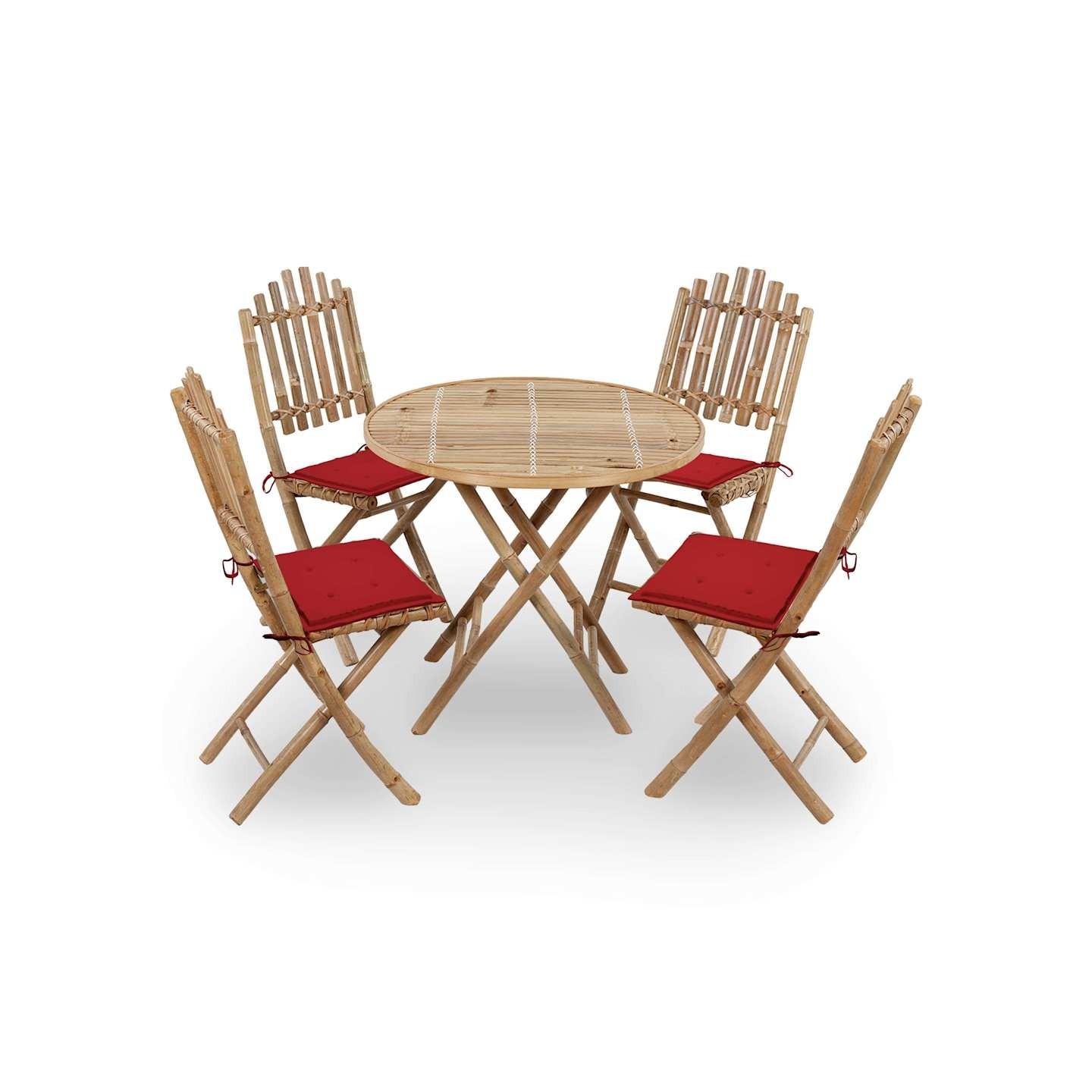 Mobilier à dîner d'extérieur pliable 5 pcs avec coussins bambou