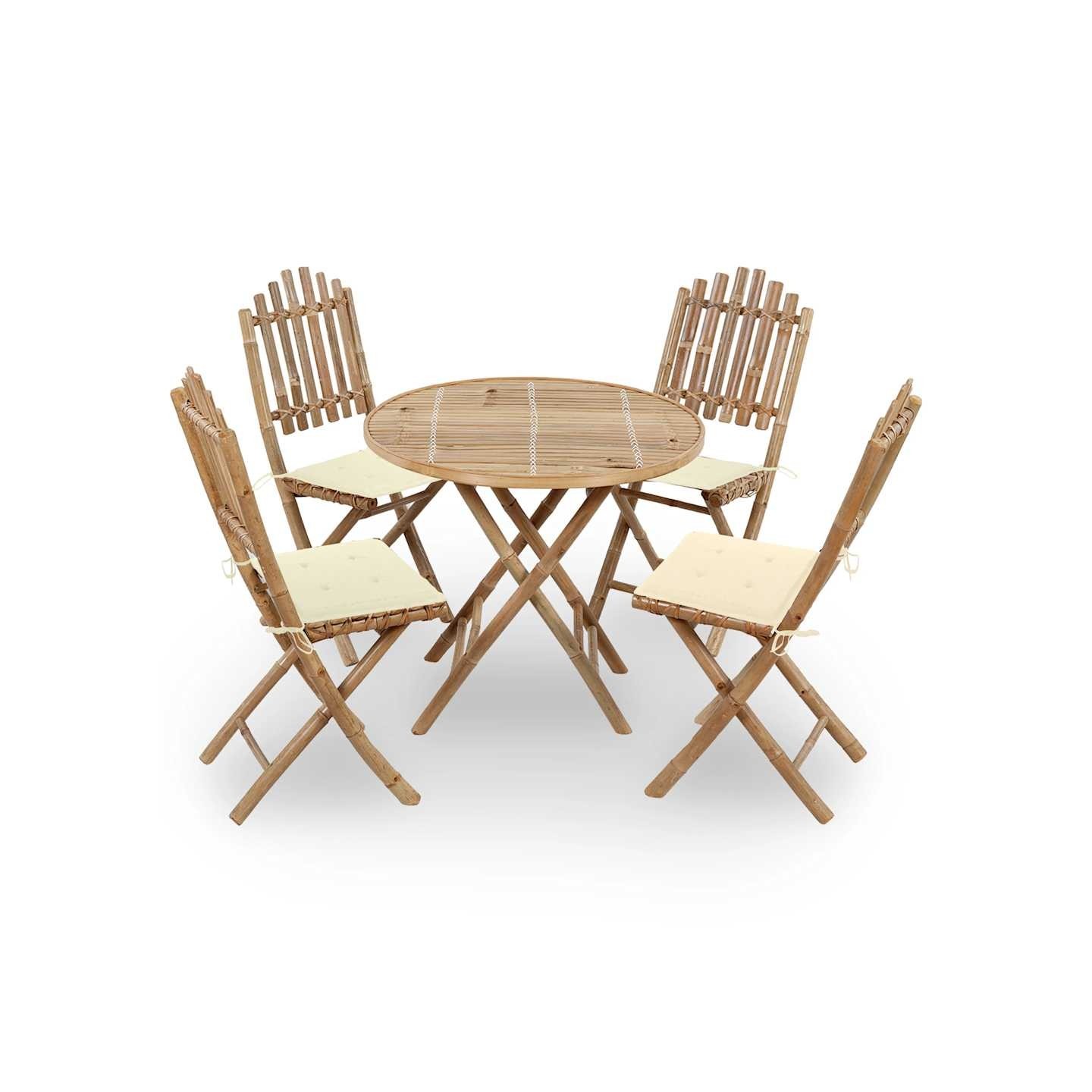 Mobilier à dîner d'extérieur pliable 5 pcs avec coussins bambou
