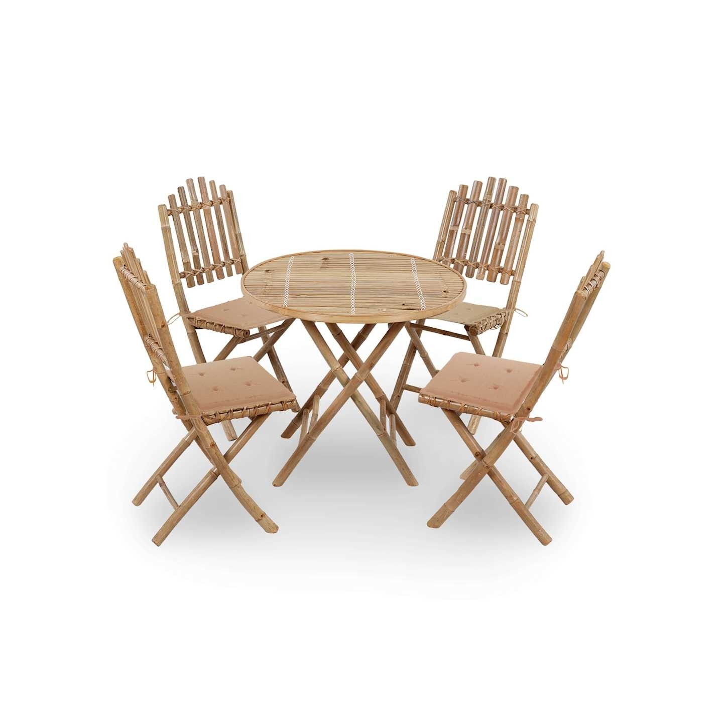 Mobilier à dîner d'extérieur pliable 5 pcs avec coussins bambou