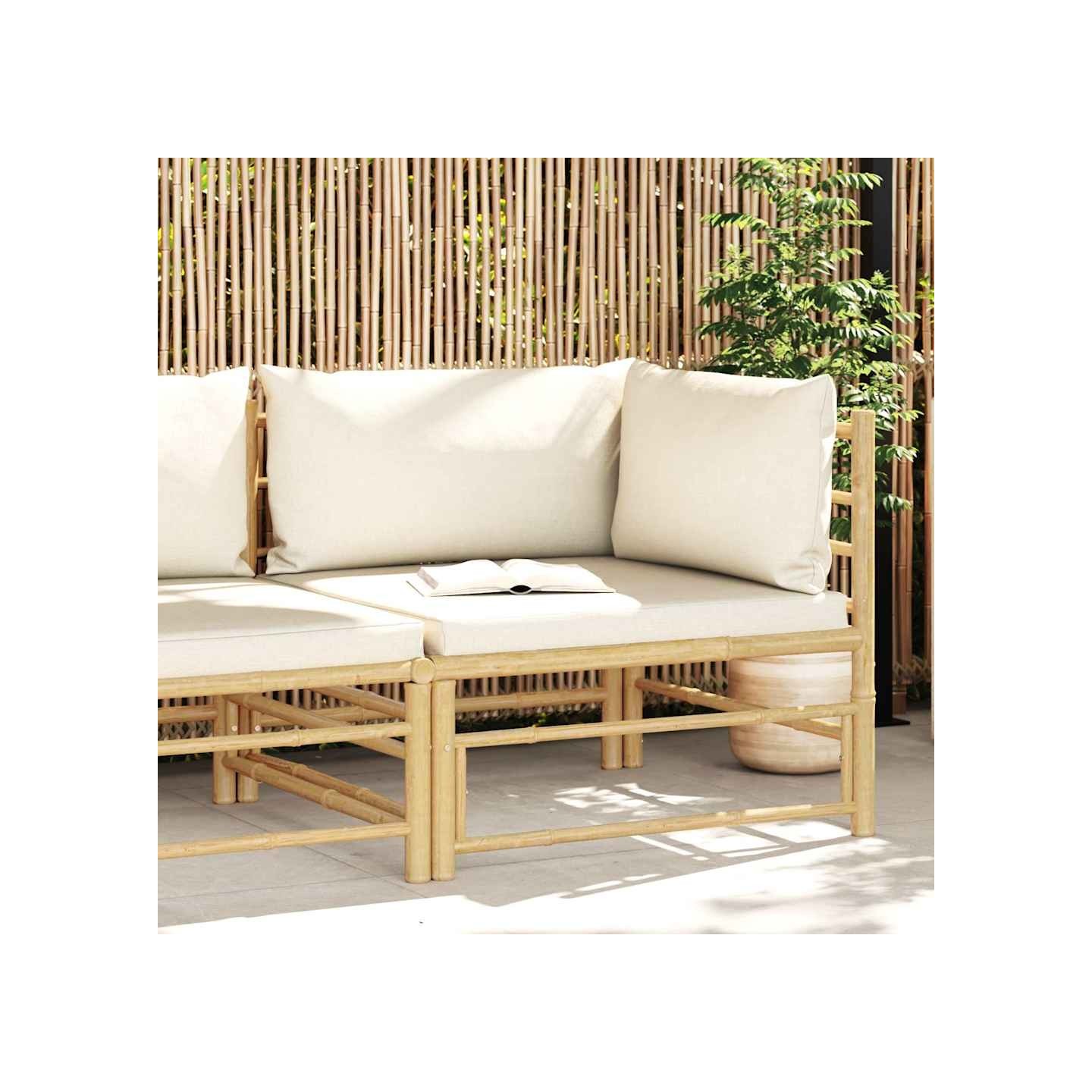 Canapé d'angle de jardin avec coussins blanc crème Bambou