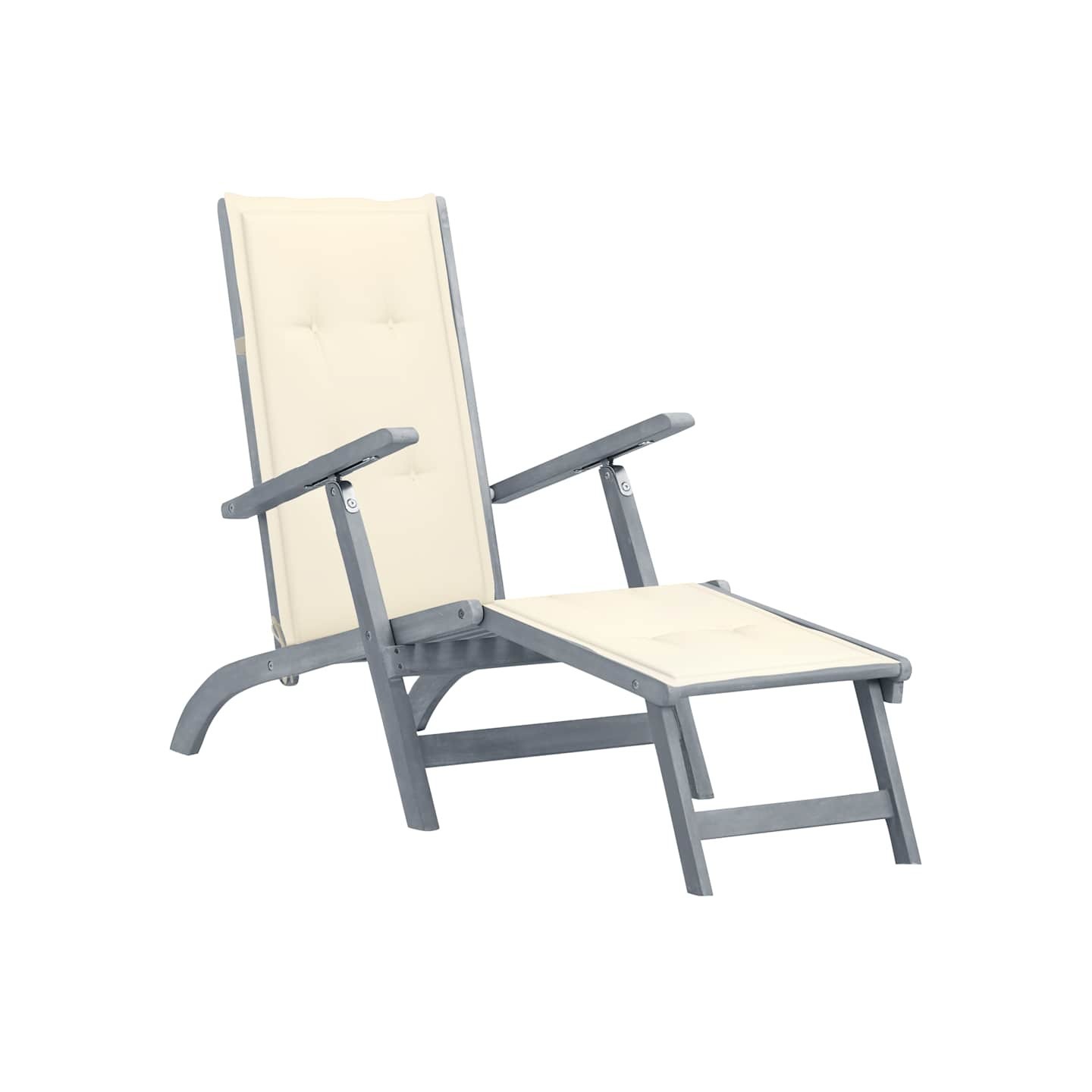 Chaise longue d'extérieur repose-pied et coussin Acacia solide