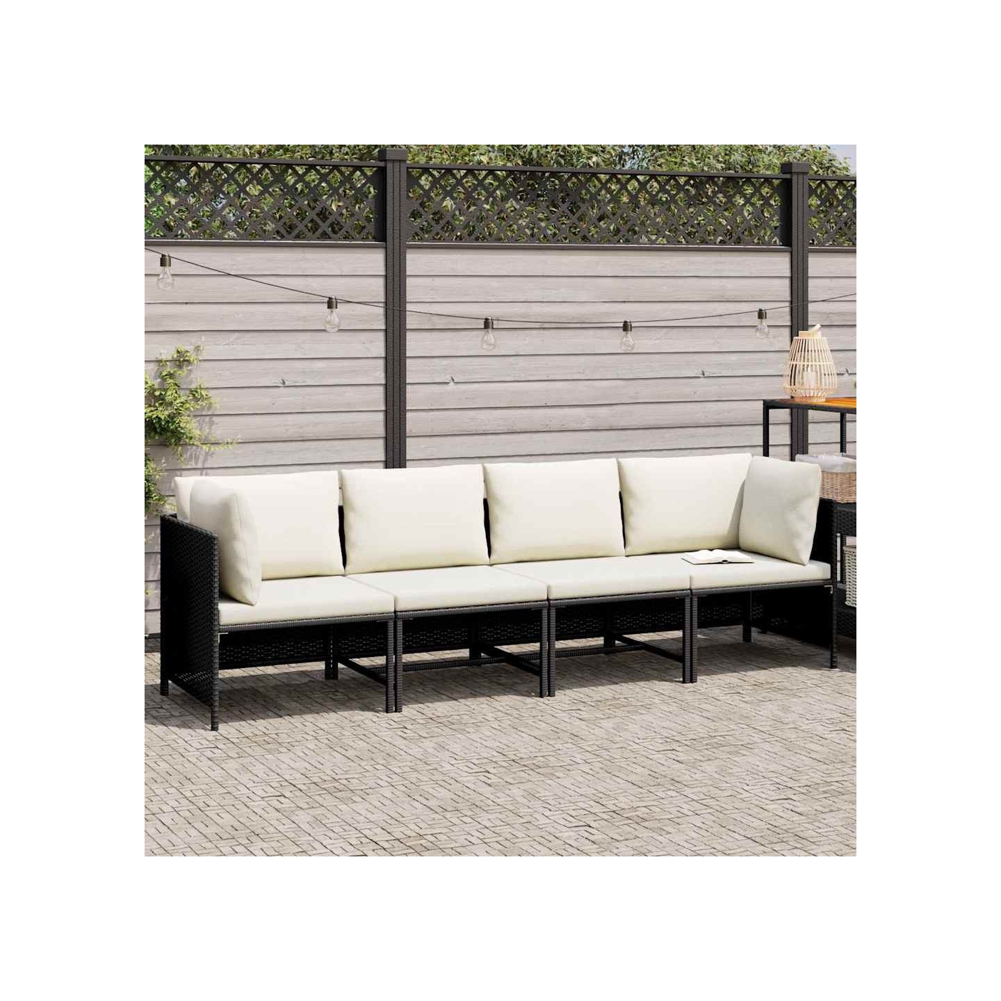 Canapé de jardin à 4 places avec coussins Noir Résine tressée