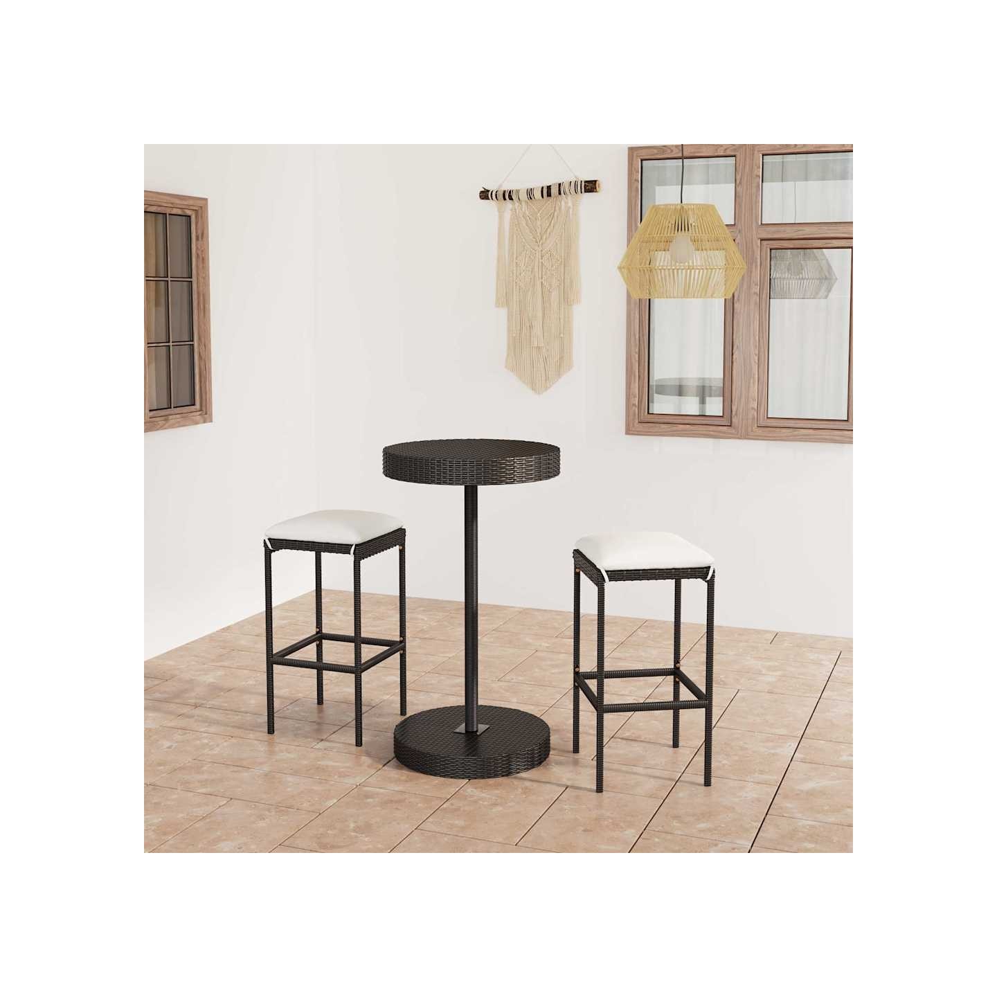 Ensemble de bar de jardin 3 pcs et coussins Résine tressée Noir