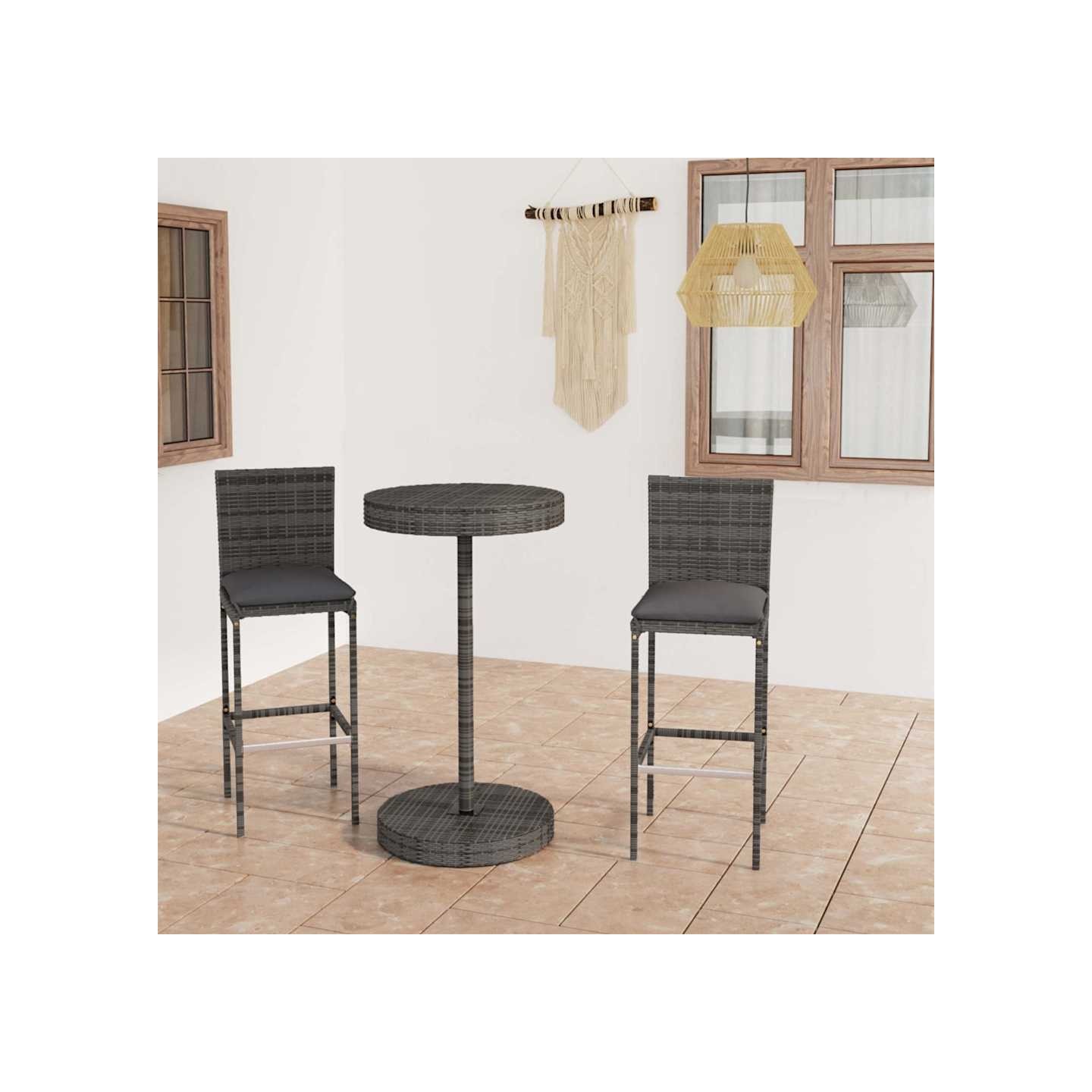 Ensemble de bar de jardin 3 pcs et coussins Résine tressée Gris