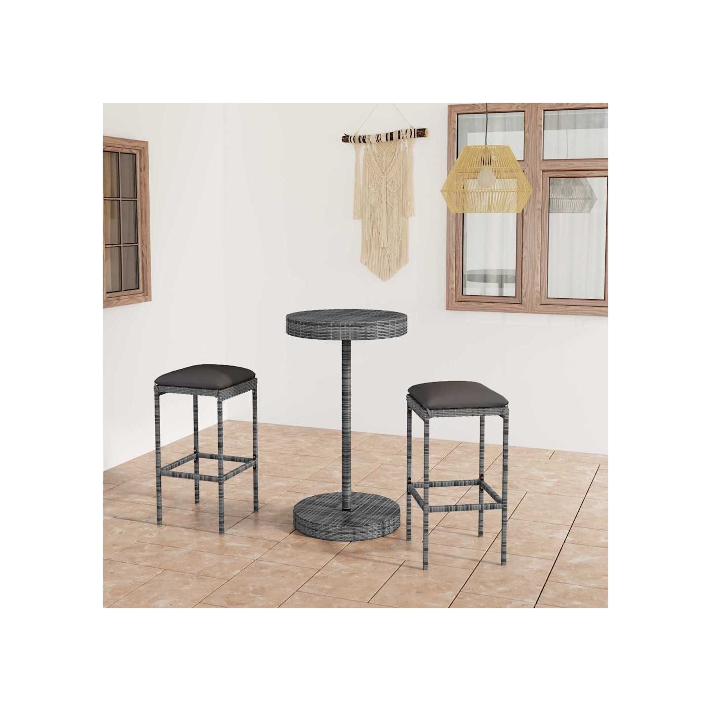 Ensemble de bar de jardin 3 pcs et coussins Résine tressée Gris