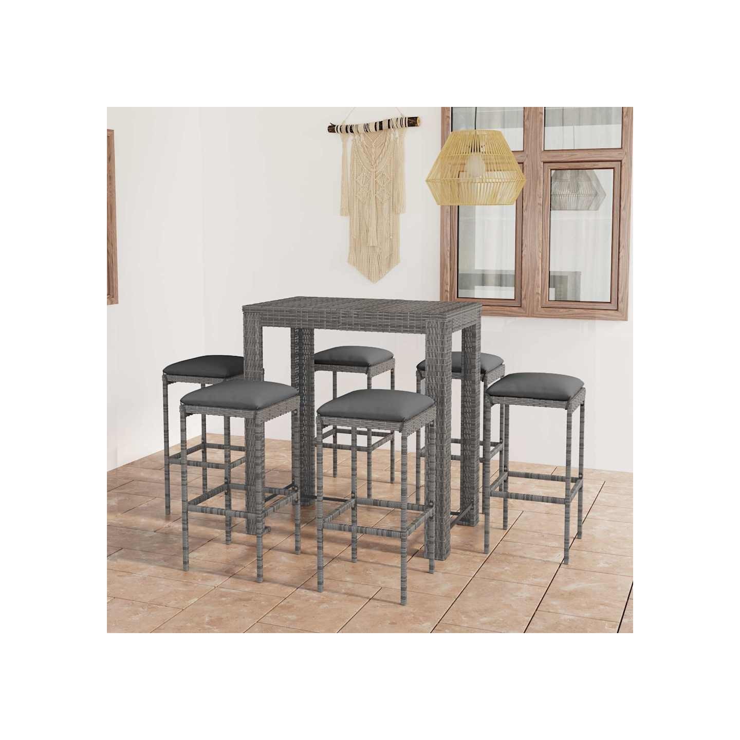 Ensemble de bar de jardin 7 pcs et coussins Résine tressée Gris