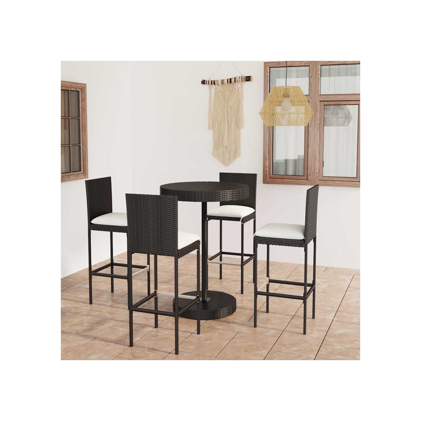 Ensemble de bar de jardin 5 pcs et coussins Résine tressée Noir
