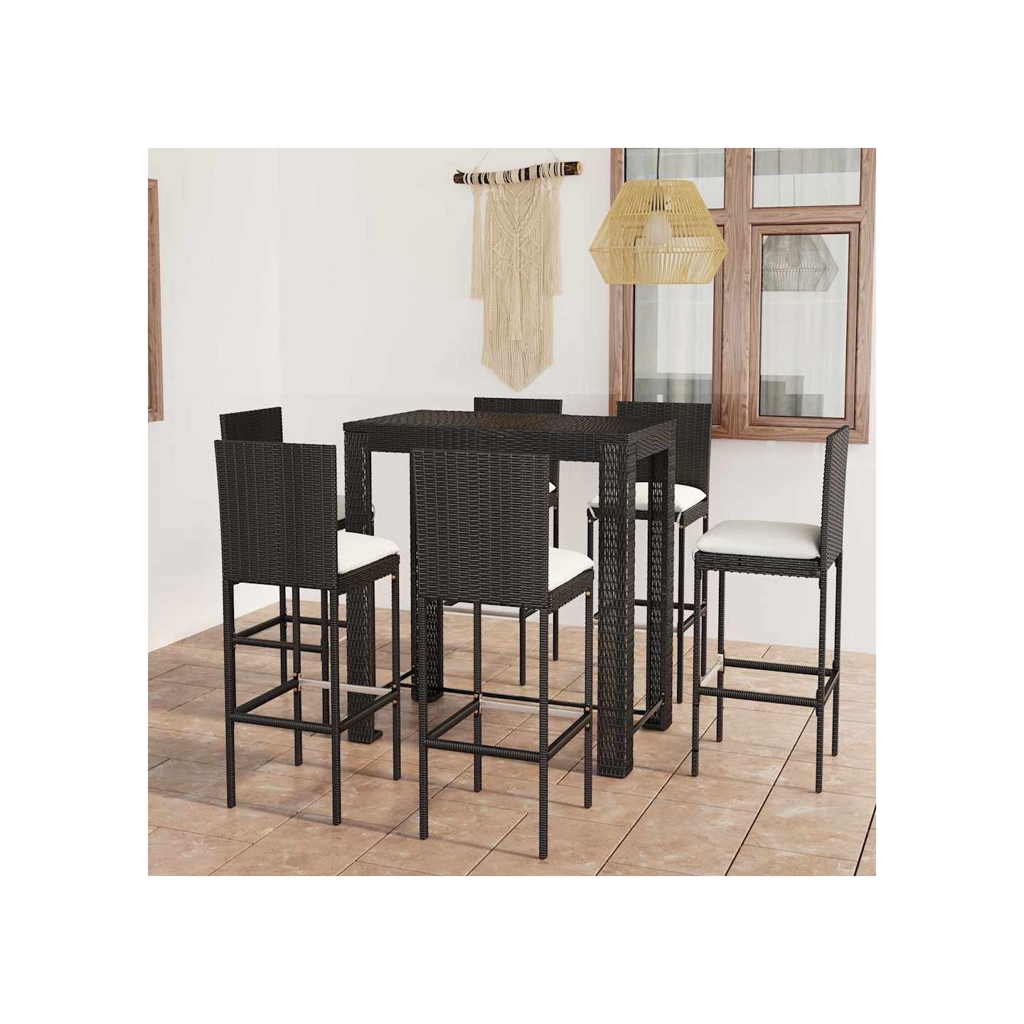 Ensemble de bar d'extérieur 7 pcs coussins Résine tressée Noir
