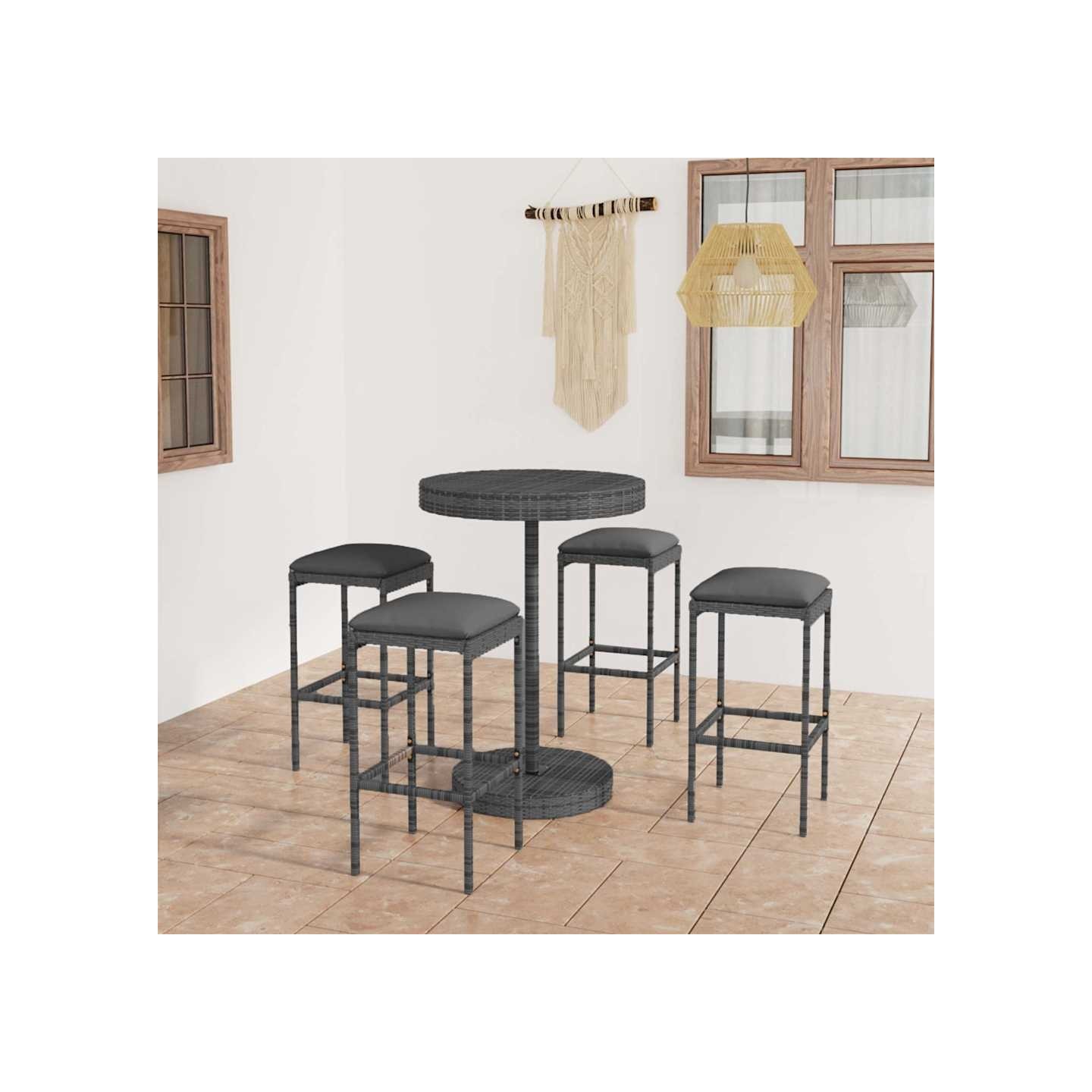 Ensemble de bar de jardin 5 pcs et coussins Résine tressée Gris