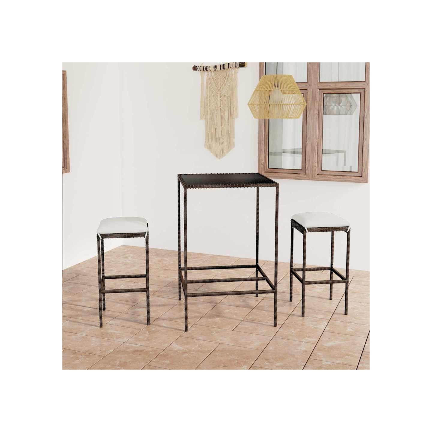 Ensemble de bar de jardin 3 pcs coussins Résine tressée Marron