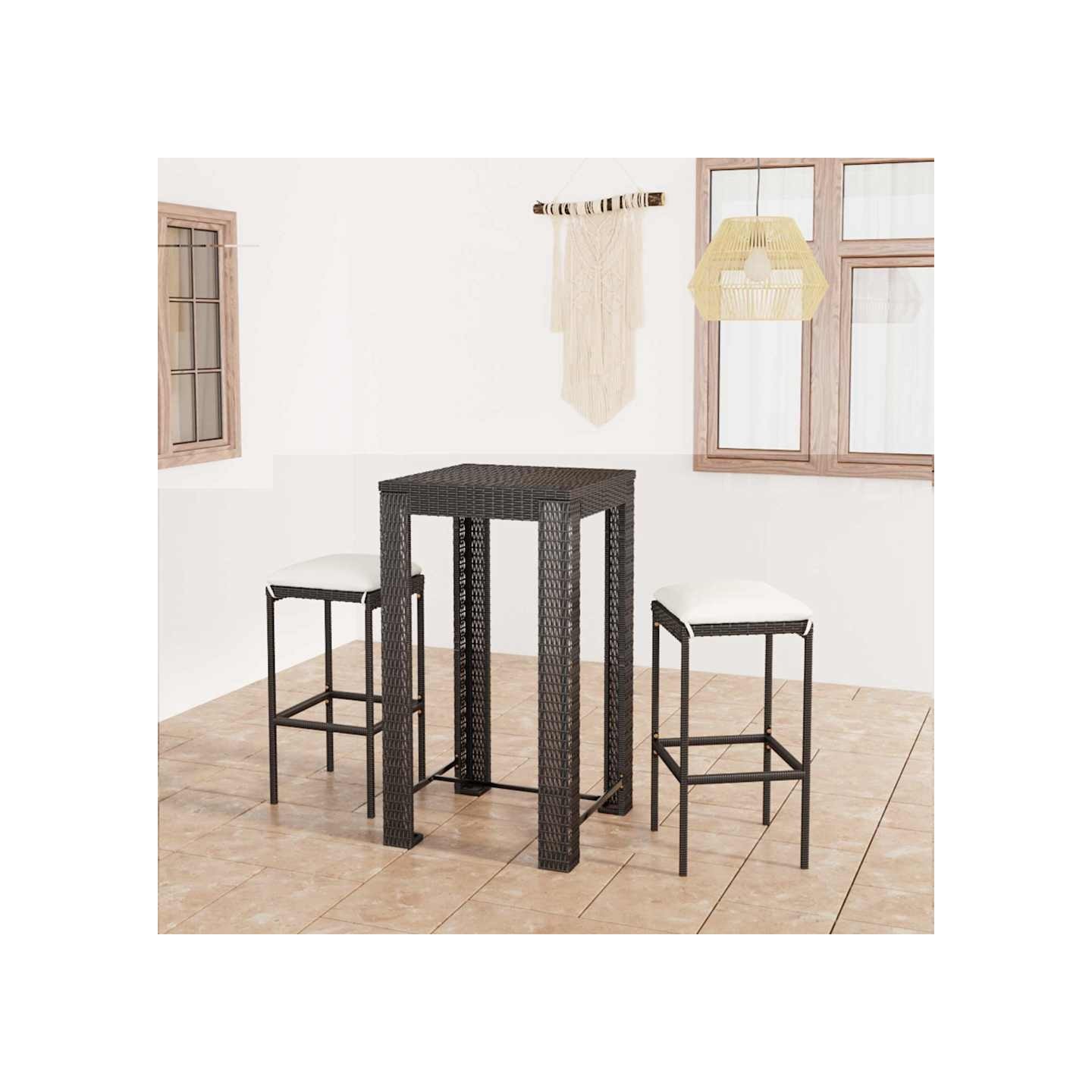 Ensemble de bar de jardin 3 pcs et coussins Résine tressée Noir