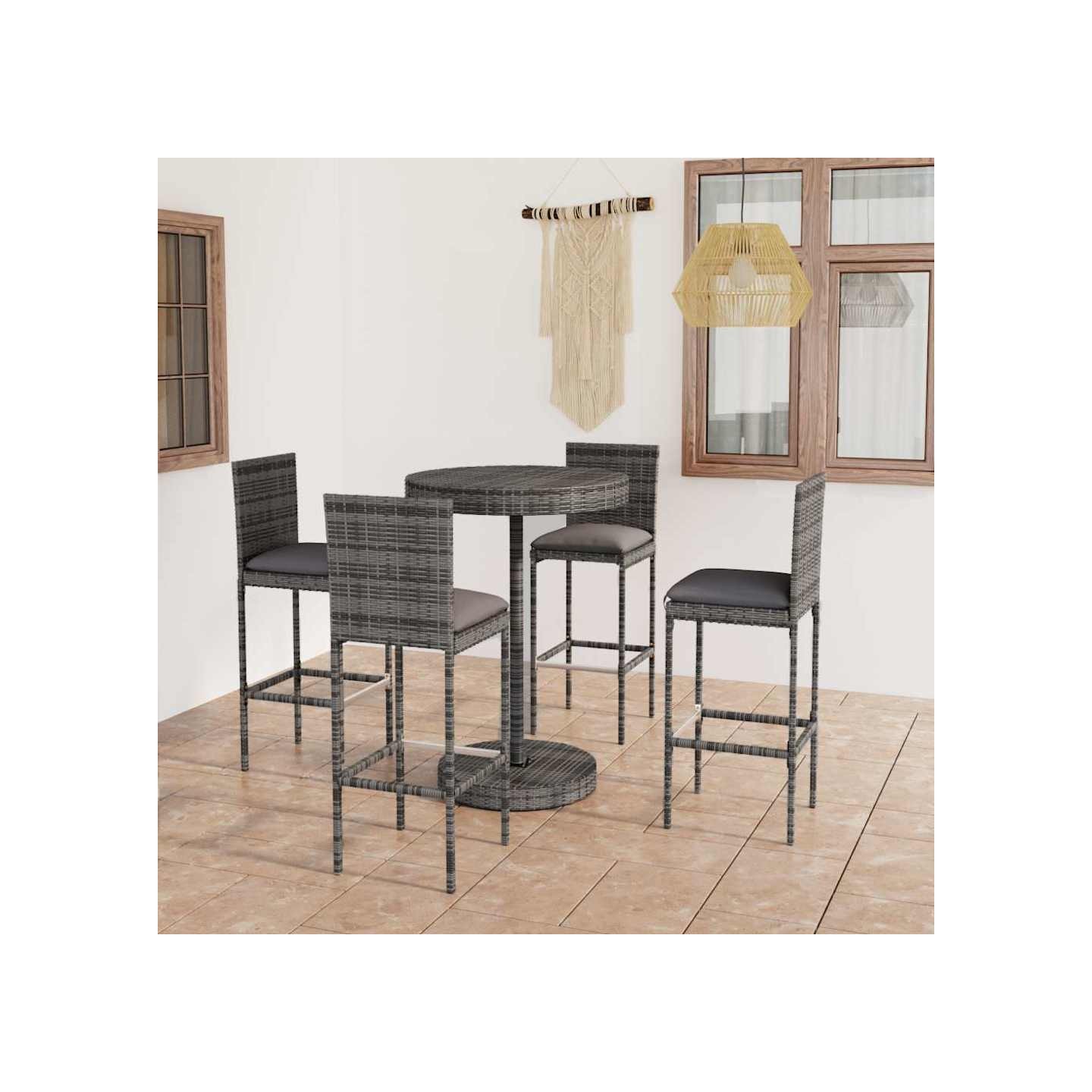 Ensemble de bar de jardin 5 pcs et coussins Résine tressée Gris