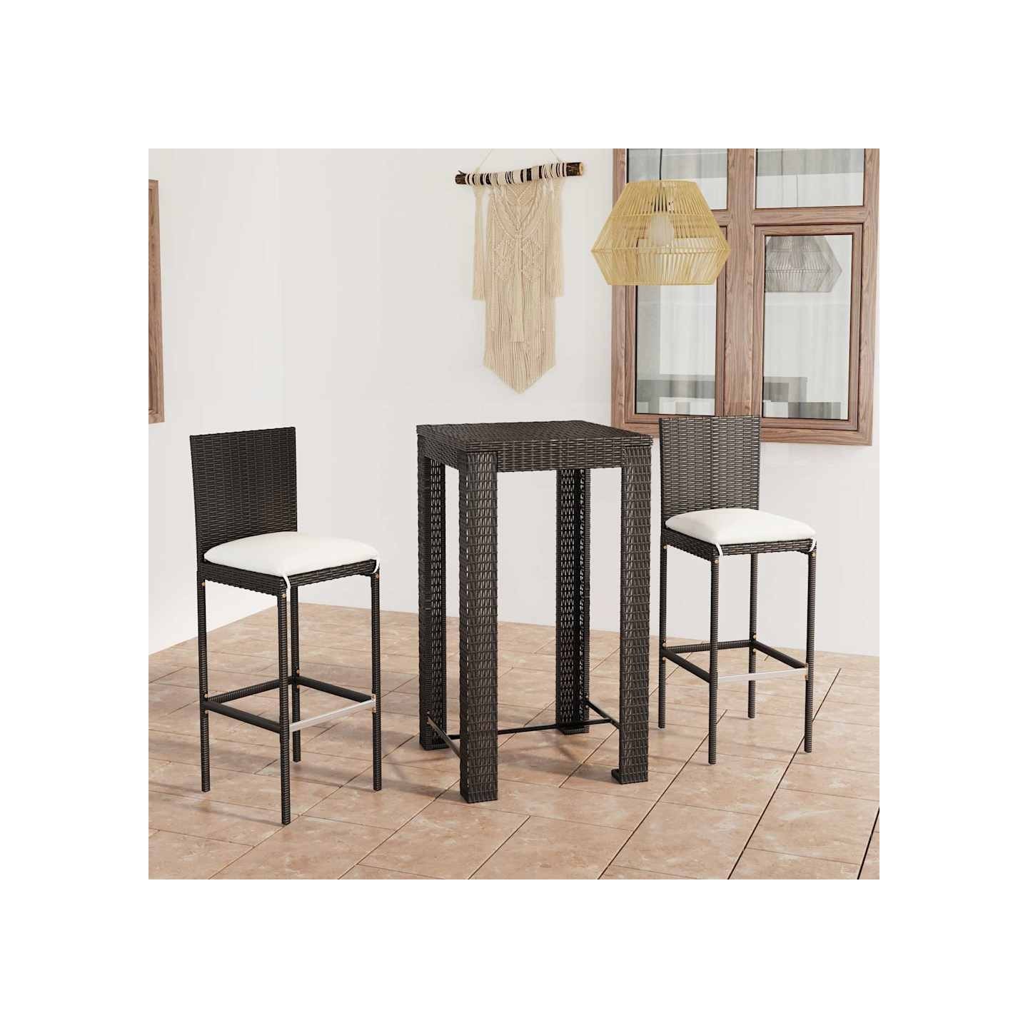 Ensemble de bar d'extérieur 3 pcs coussins Résine tressée Noir