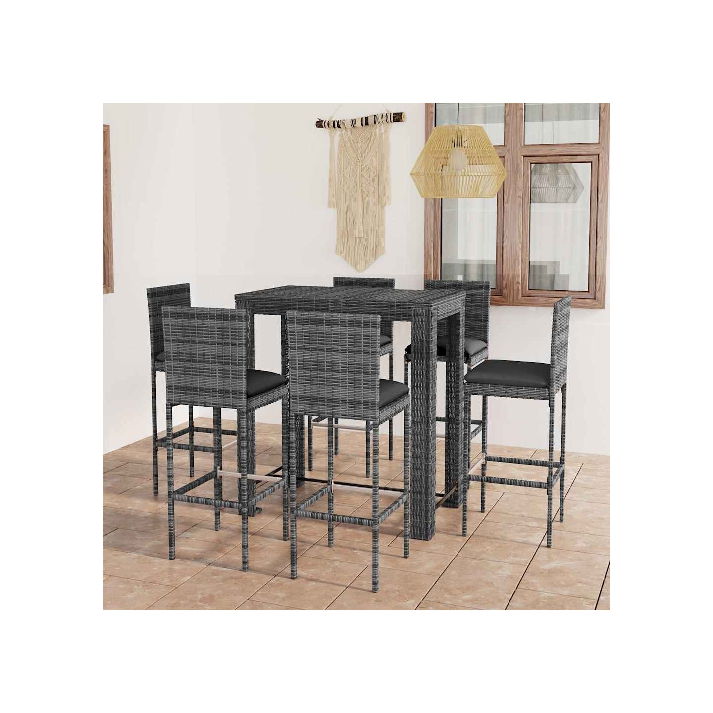 Ensemble de bar d'extérieur 7 pcs coussins Résine tressée Gris